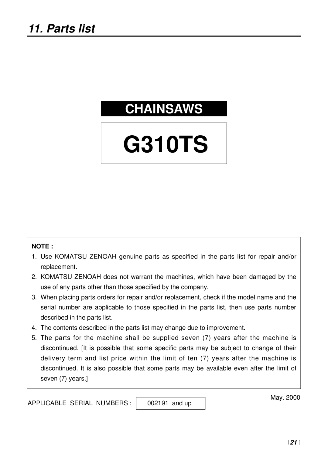 RedMax G310TS manual Parts list 