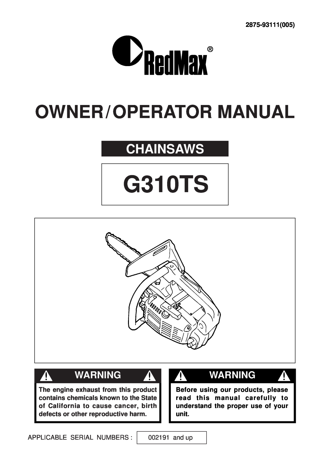 RedMax G310TS manual Chainsaws, 2875-93111005, Owner / Operator Manual 