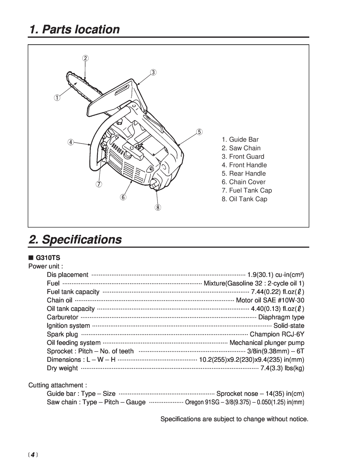 RedMax manual Parts location, Specifications, G310TS Power unit,  4  