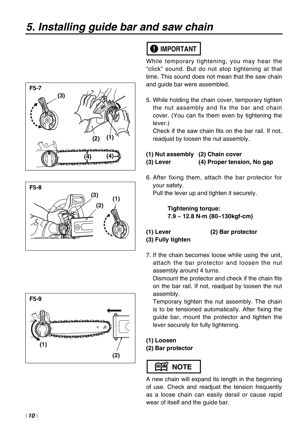 RedMax G3200EZ manual F5-7 F5-8, Nut assembly Chain cover Lever Proper tension, No gap,  10 , Loosen Bar protector 