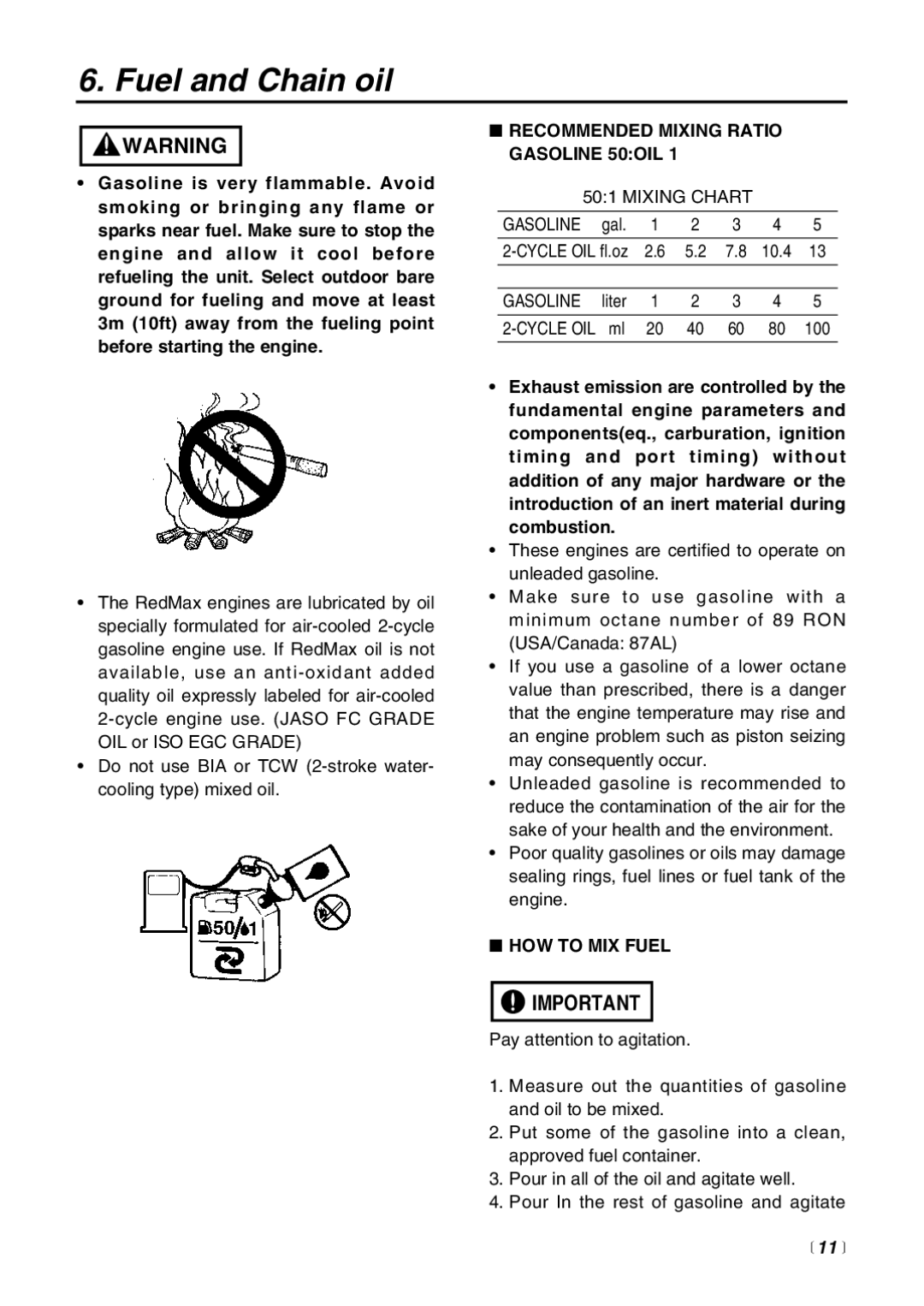RedMax G3200EZ manual Fuel and Chain oil, Recommended Mixing Ratio Gasoline 50OIL, HOW to MIX Fuel,  11  