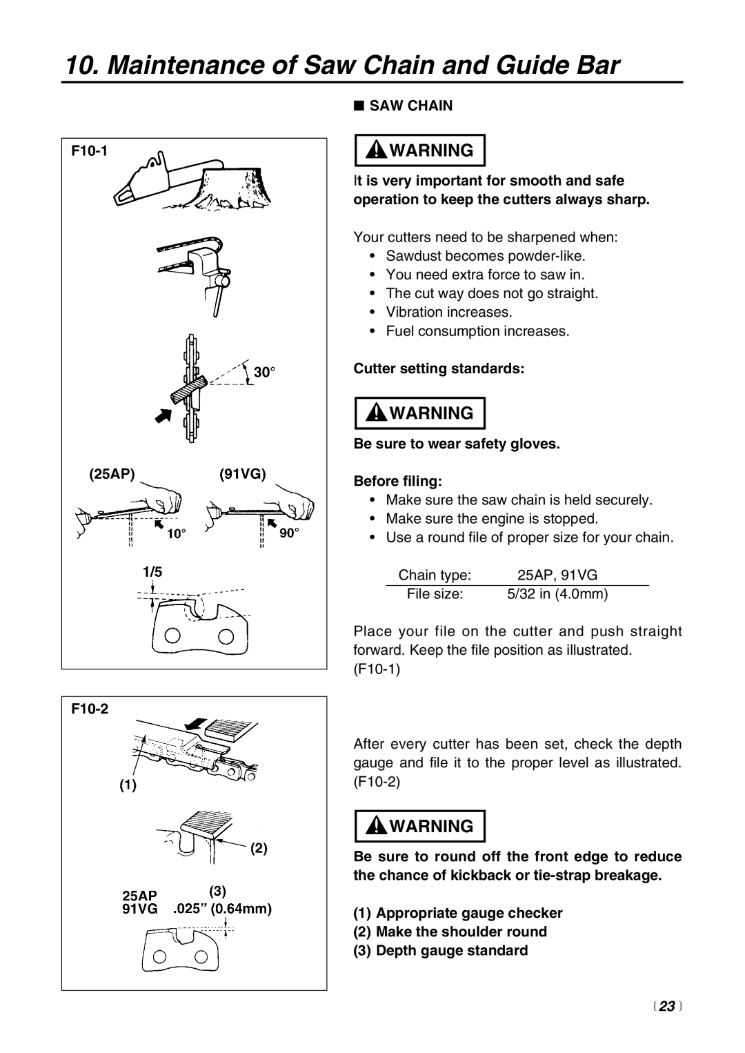 RedMax G3200EZ manual Maintenance of Saw Chain and Guide Bar, F10-1 F10-2, SAW Chain,  23  