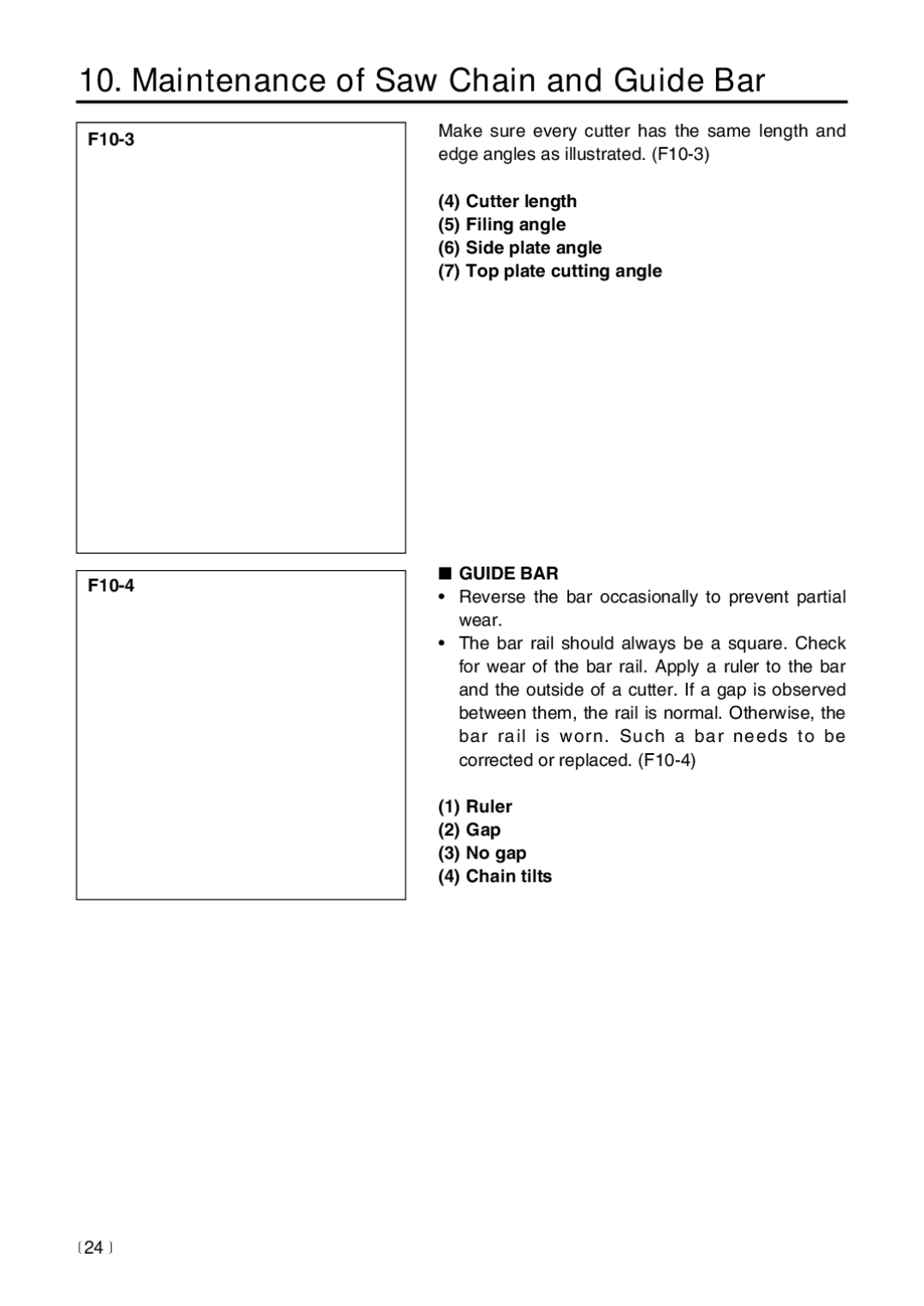 RedMax G3200EZ manual F10-3 F10-4, Guide BAR, Ruler Gap No gap Chain tilts,  24  