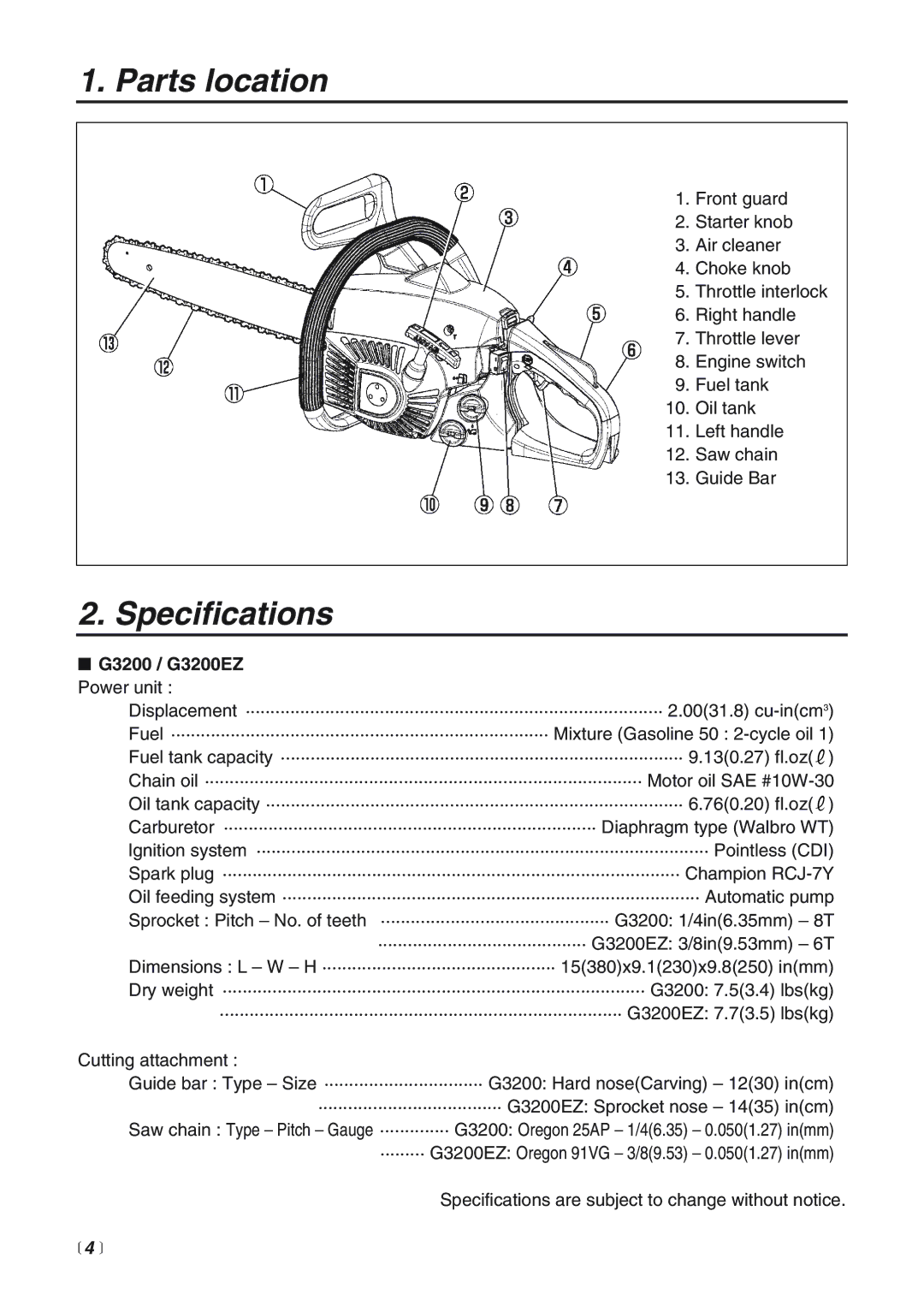 RedMax manual Parts location, Specifications, G3200 / G3200EZ Power unit,  4  