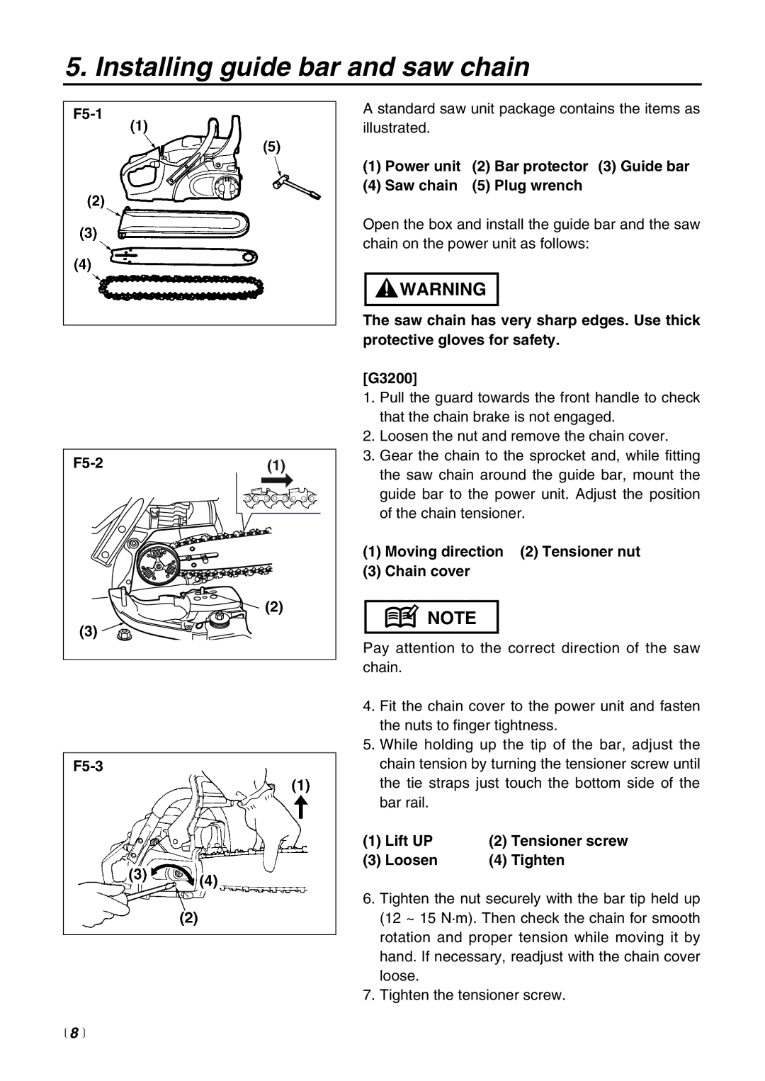 RedMax G3200EZ manual Installing guide bar and saw chain,  8  