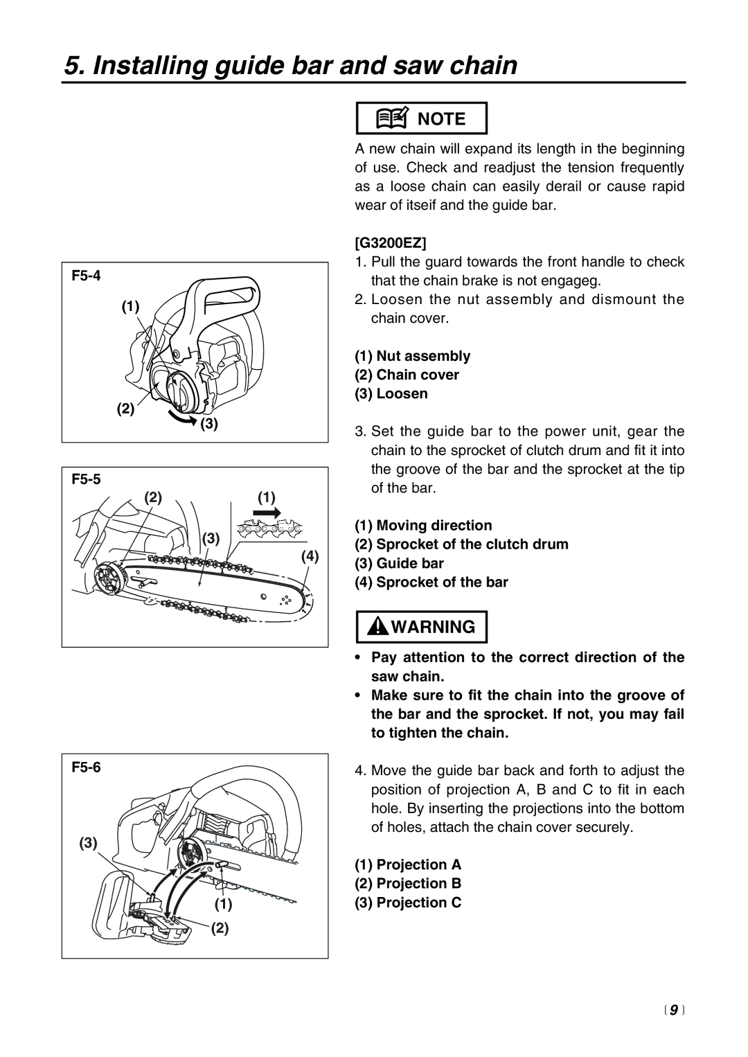 RedMax manual F5-4 F5-5 F5-6, G3200EZ, Nut assembly Chain cover Loosen, Projection a Projection B Projection C,  9  