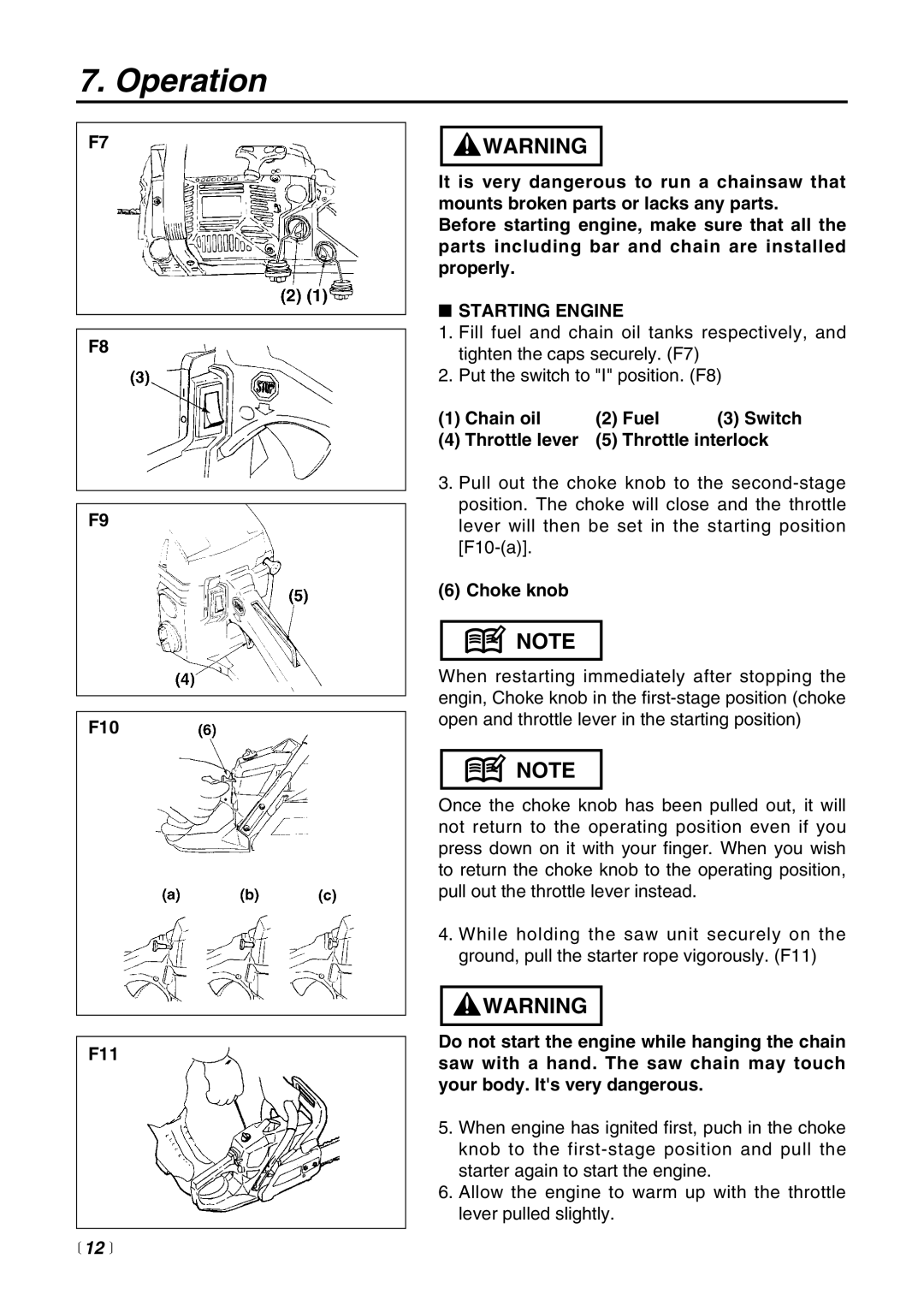 RedMax G3800AVS Operation, F10 F11, Starting Engine, Chain oil Fuel Switch Throttle lever Throttle interlock, Choke knob 