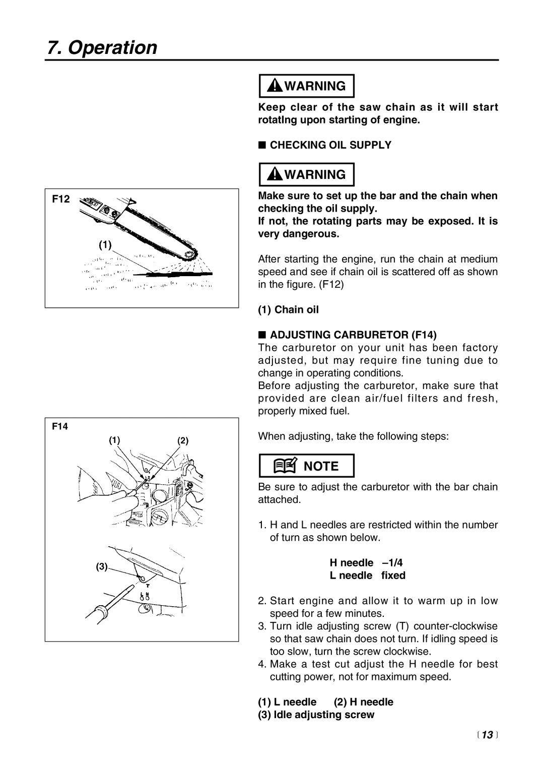 RedMax G3800AVS manual Checking OIL Supply, Adjusting Carburetor F14 