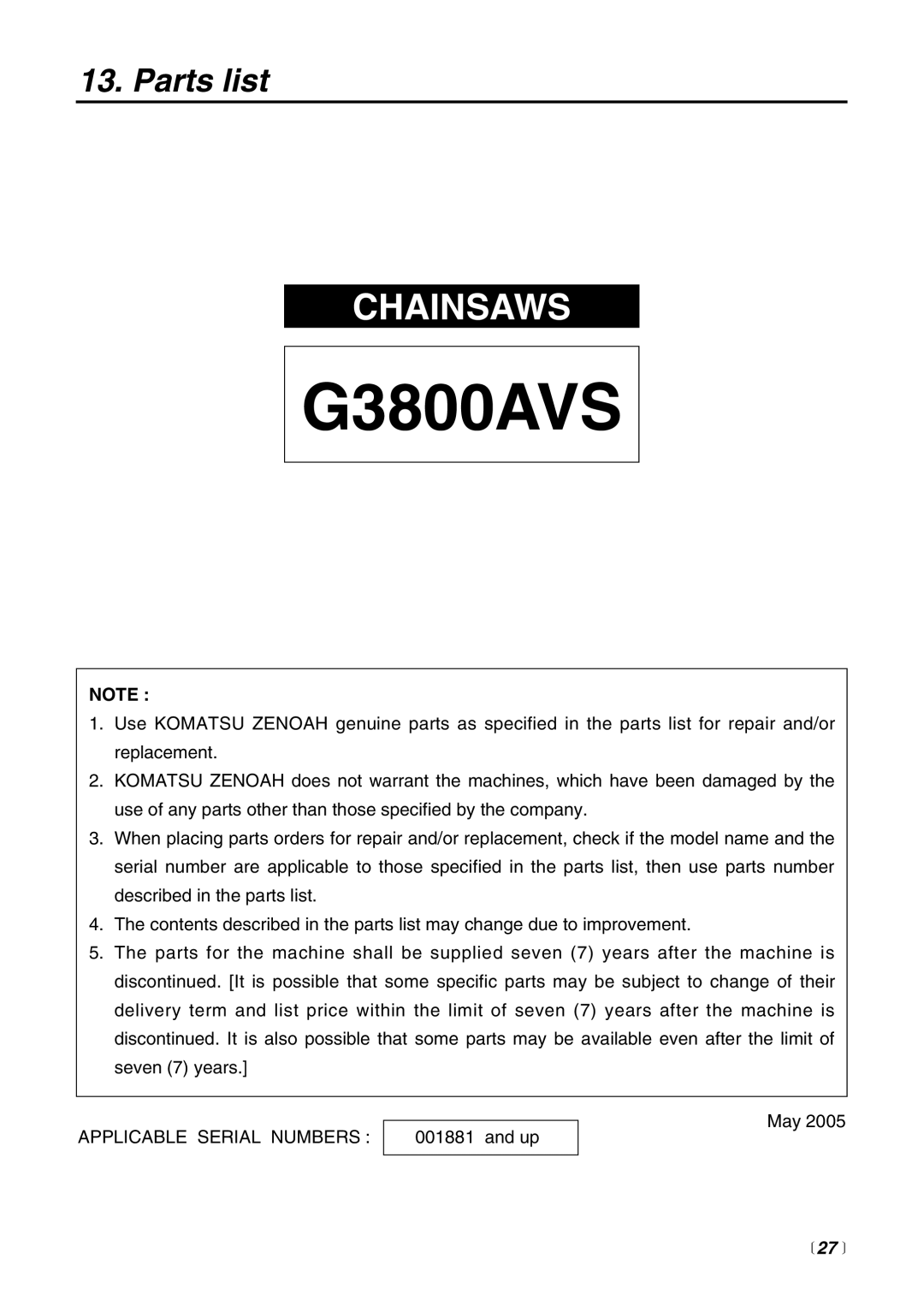 RedMax G3800AVS manual Parts list 