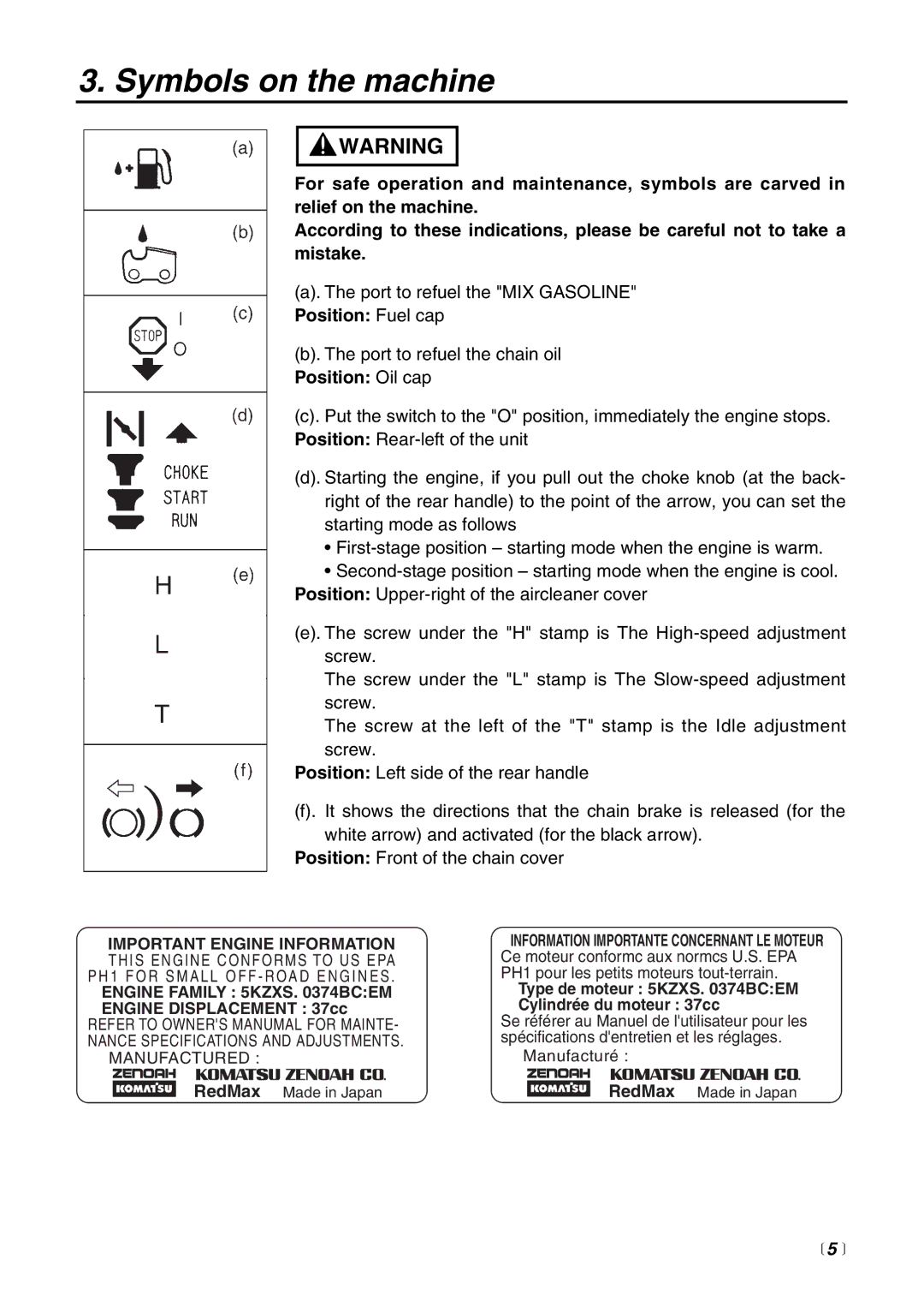 RedMax G3800AVS manual Symbols on the machine, Engine Family 5KZXS Bcem 