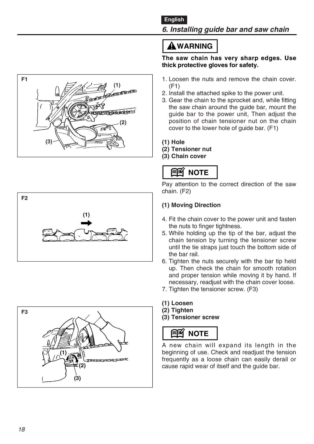 RedMax G5000AVS manual Installing guide bar and saw chain, Moving Direction 