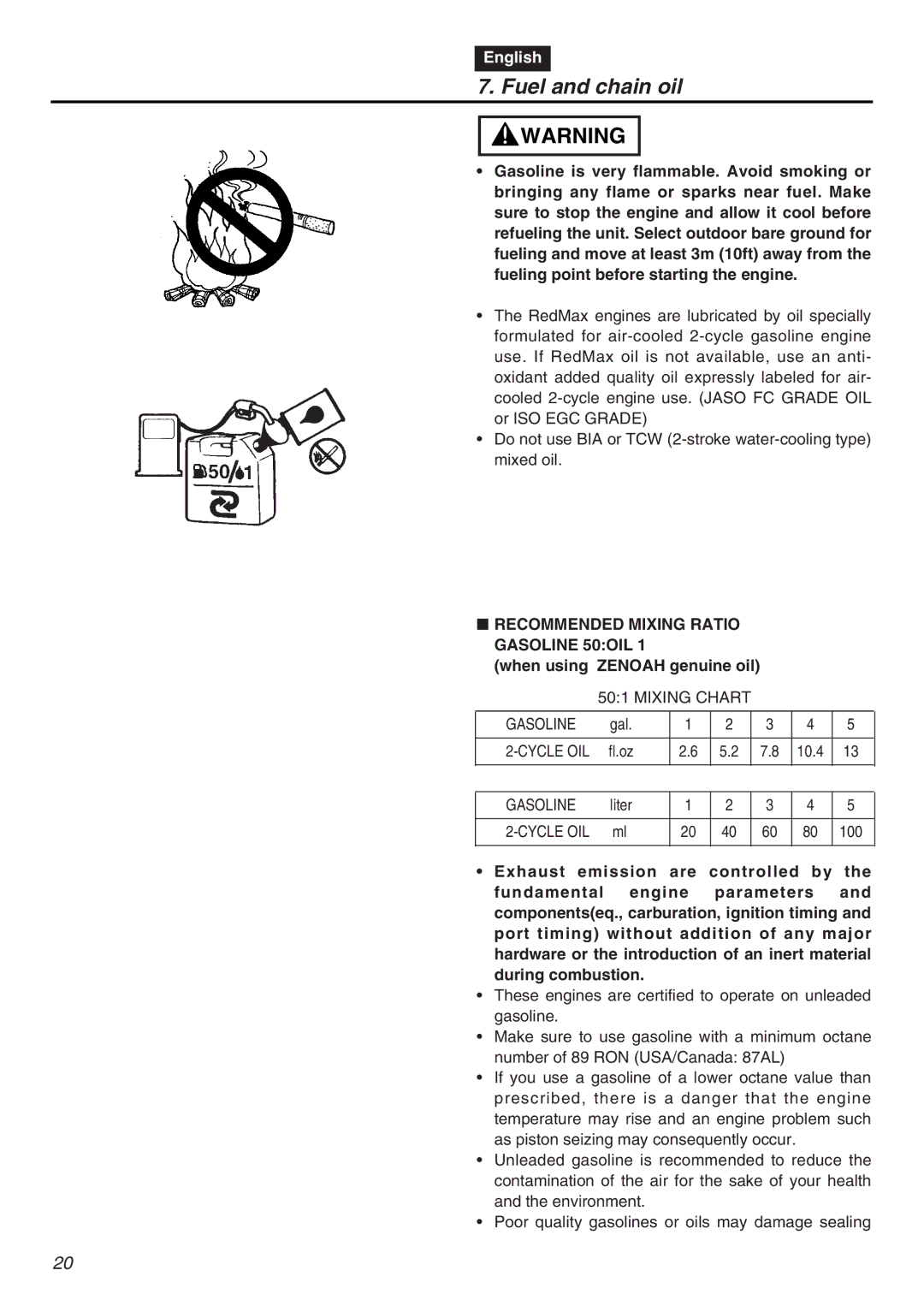 RedMax G5000AVS manual Fuel and chain oil, Recommended Mixing Ratio Gasoline 50OIL, When using Zenoah genuine oil 