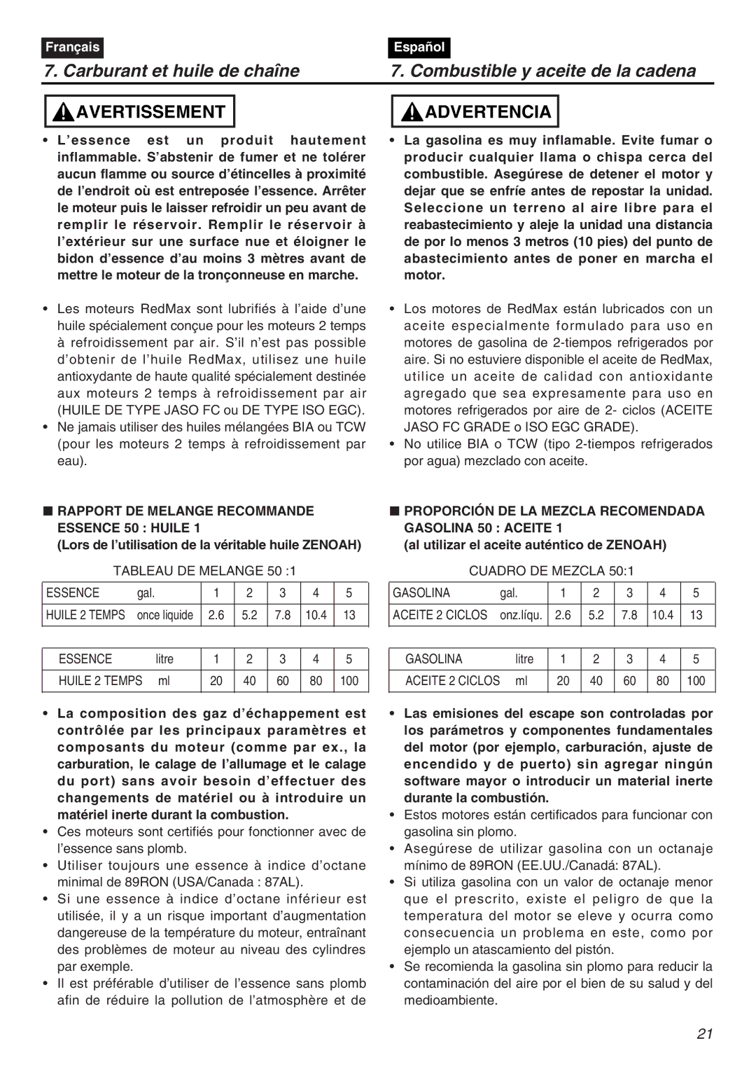 RedMax G5000AVS manual Rapport DE Melange Recommande Essence 50 Huile, Lors de l’utilisation de la véritable huile Zenoah 