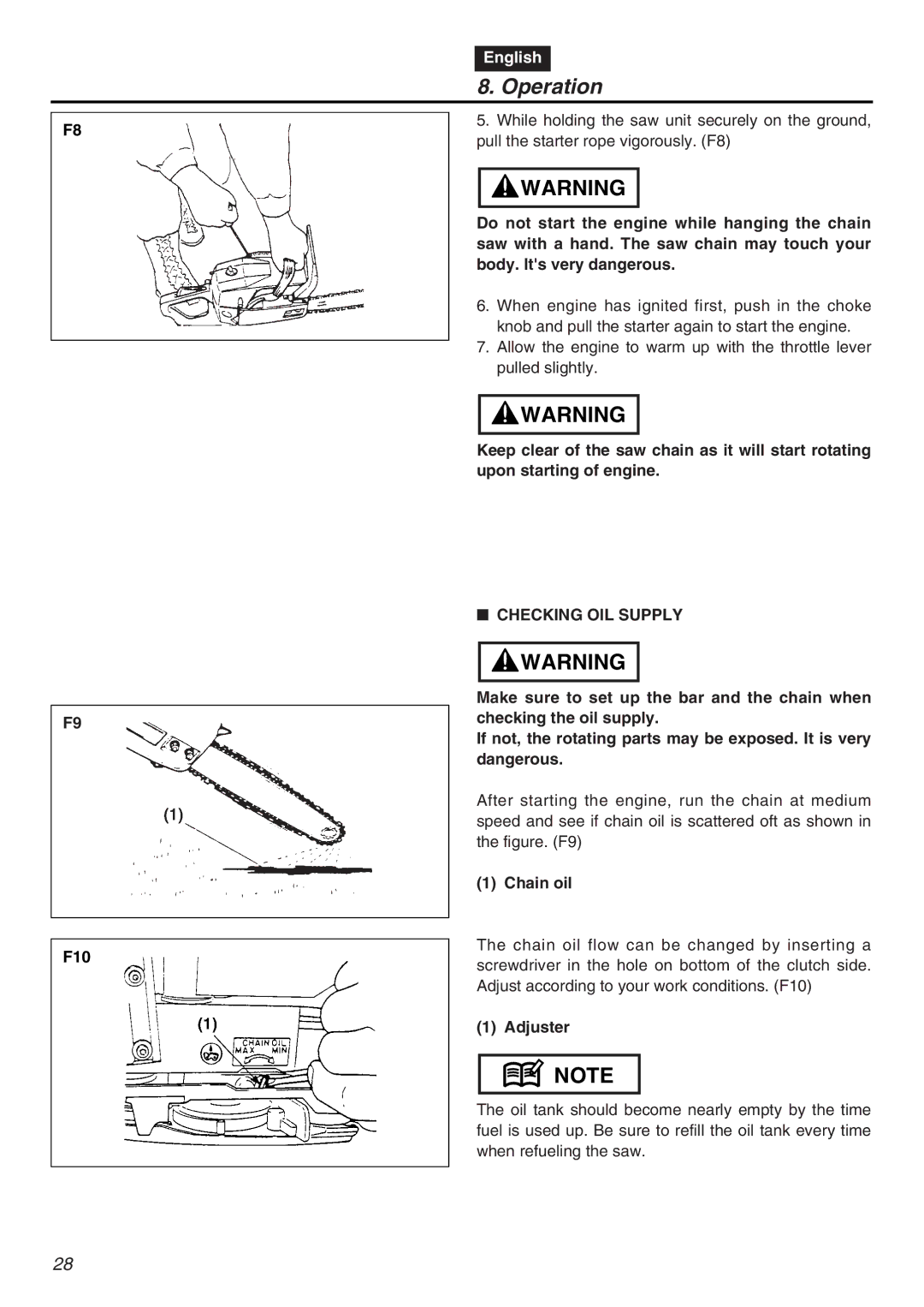 RedMax G5000AVS manual F10, Checking OIL Supply, Adjuster 