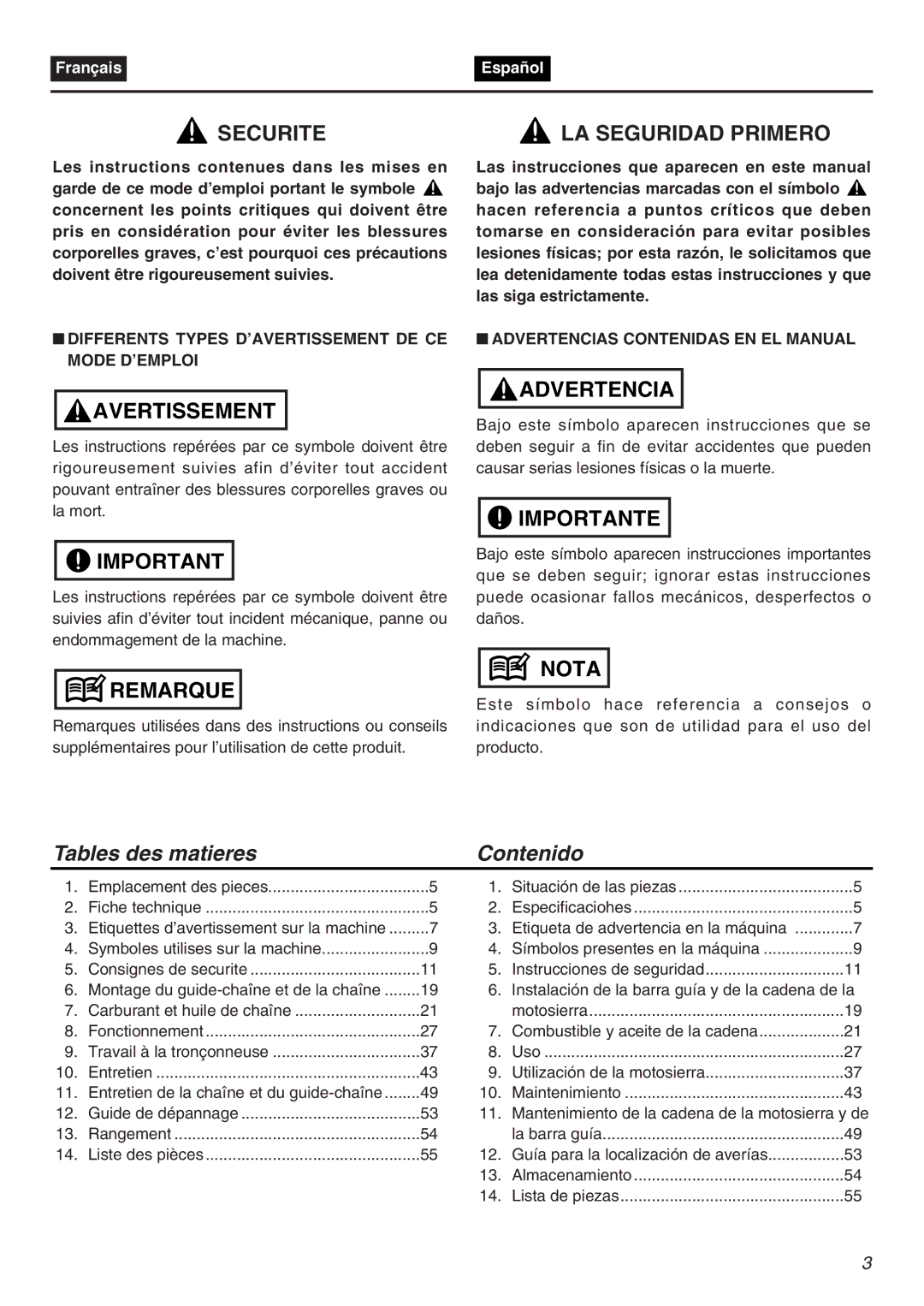 RedMax G5000AVS manual Tables des matieres Contenido, Differents Types D’AVERTISSEMENT DE CE Mode D’EMPLOI 