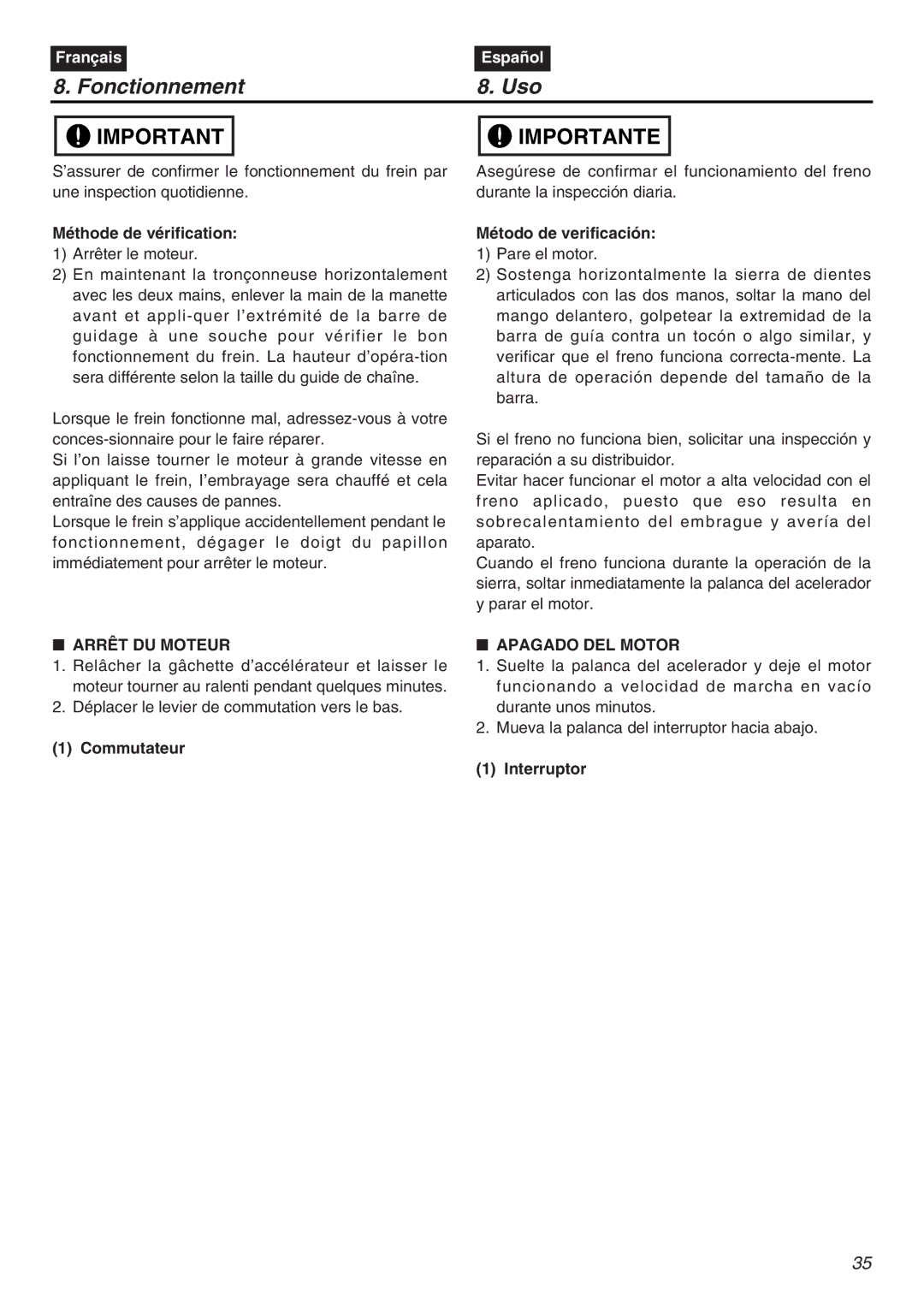 RedMax G5000AVS manual Méthode de vérification, Arrêt DU Moteur, Commutateur Método de verificación, Apagado DEL Motor 