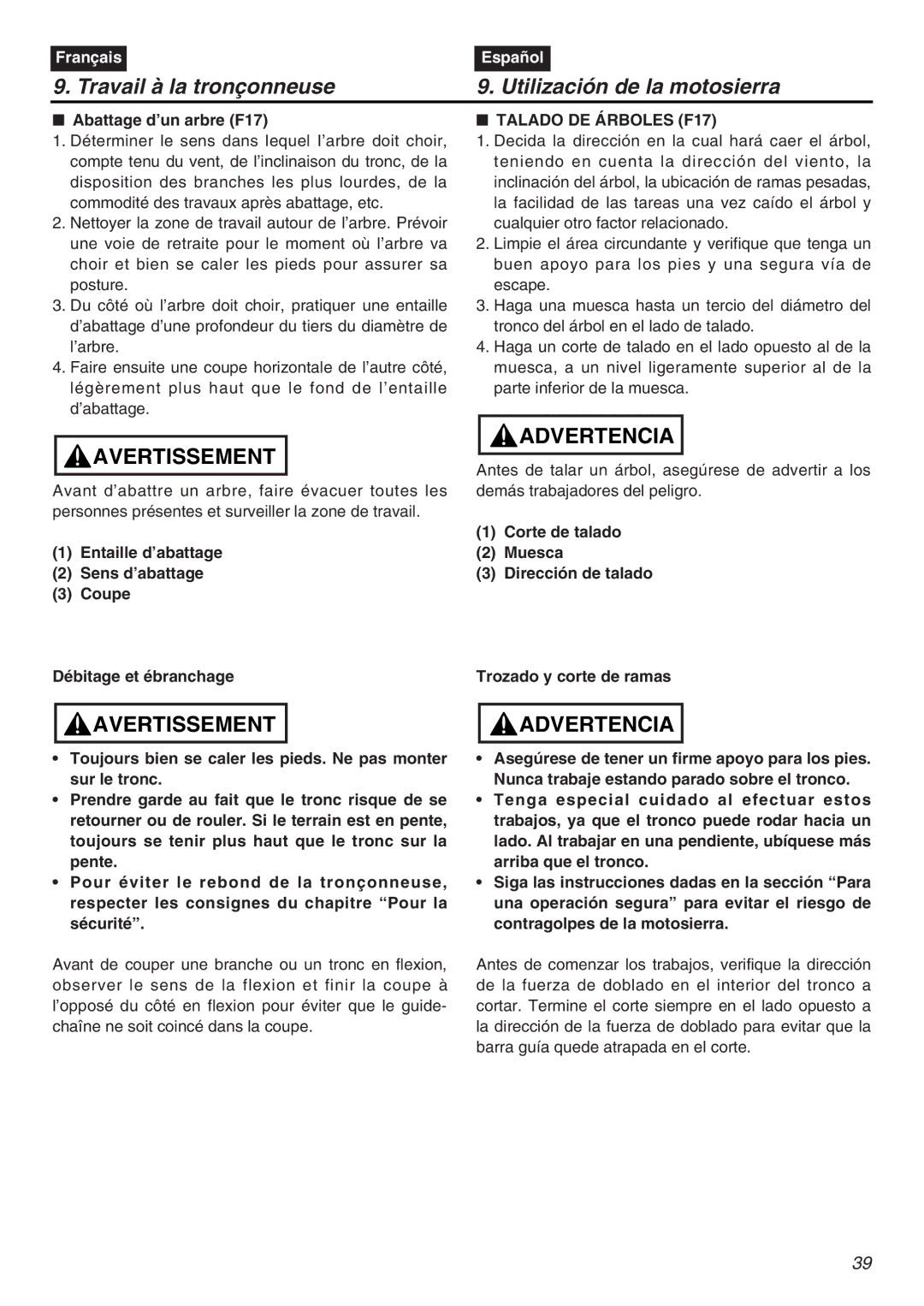 RedMax G5000AVS manual Abattage d’un arbre F17, Entaille d’abattage Sens d’abattage Coupe, Talado DE Árboles F17 