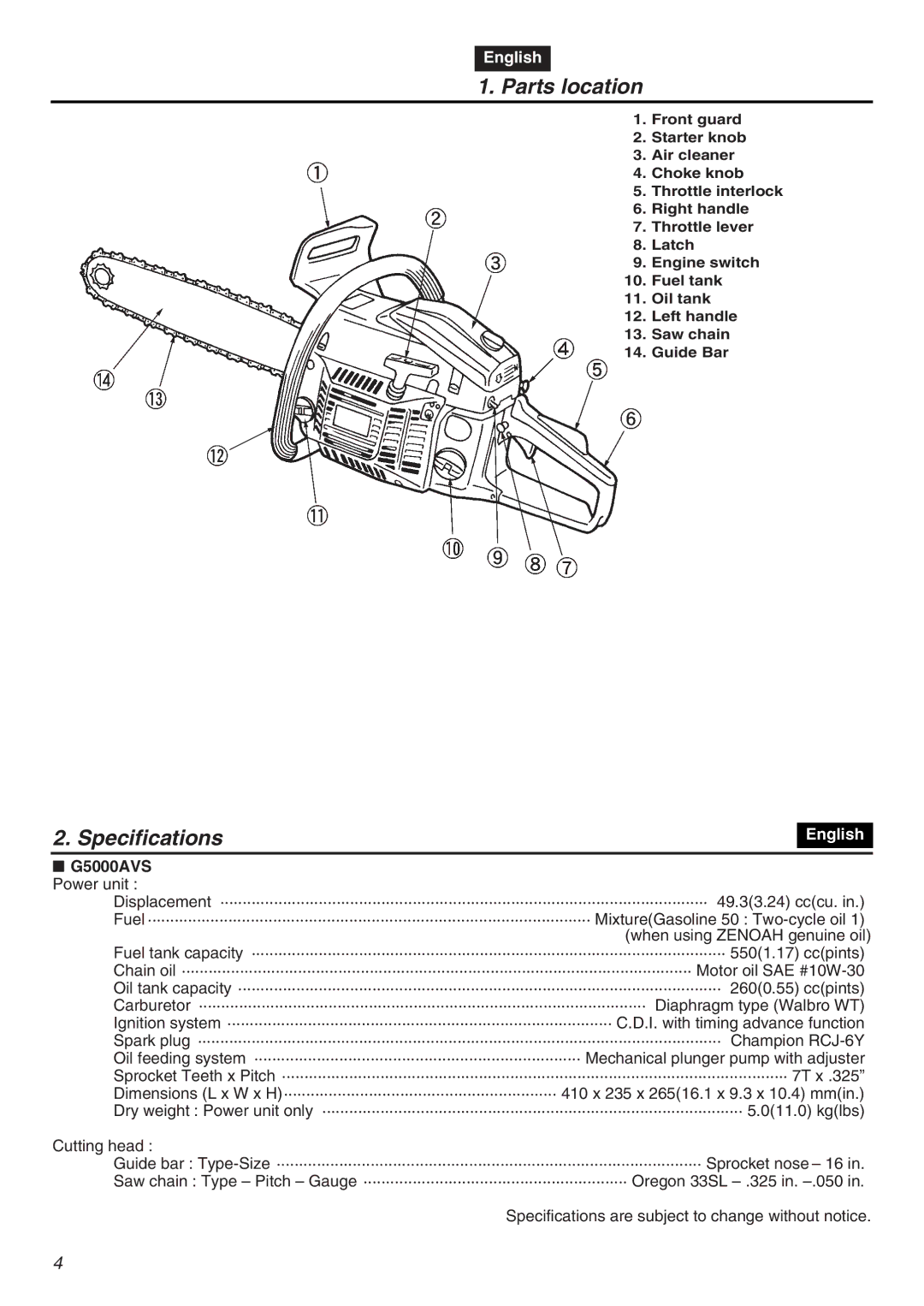 RedMax manual Parts location, Specifications, G5000AVS Power unit 