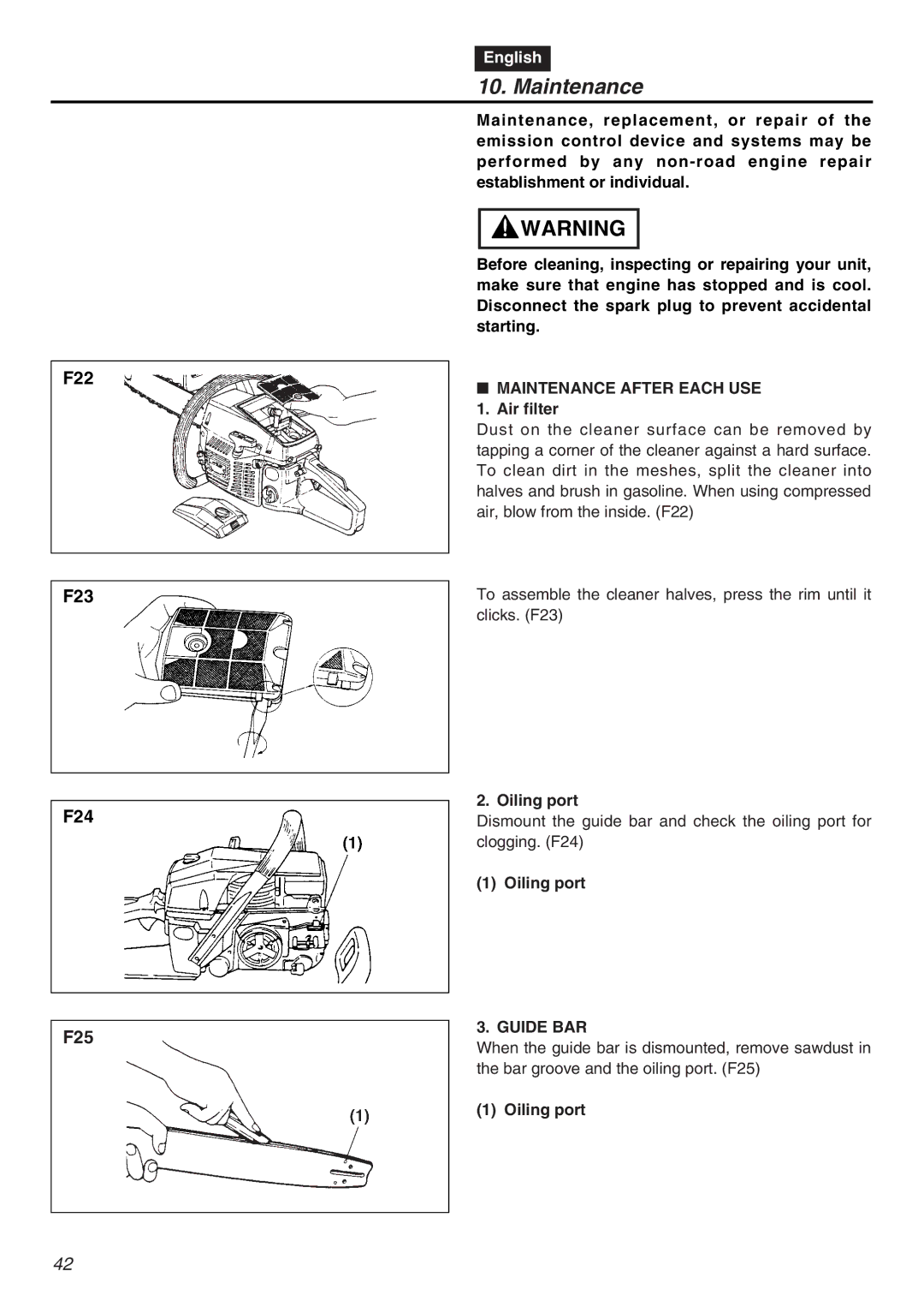 RedMax G5000AVS manual Maintenance After Each USE, Air filter, Oiling port, Guide BAR 