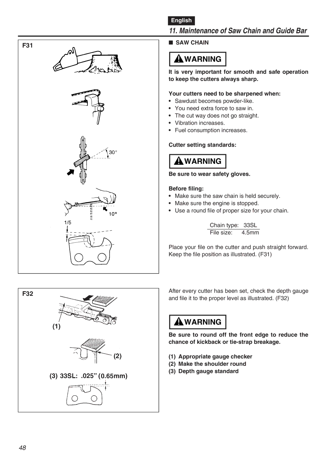 RedMax G5000AVS manual Maintenance of Saw Chain and Guide Bar, SAW Chain 