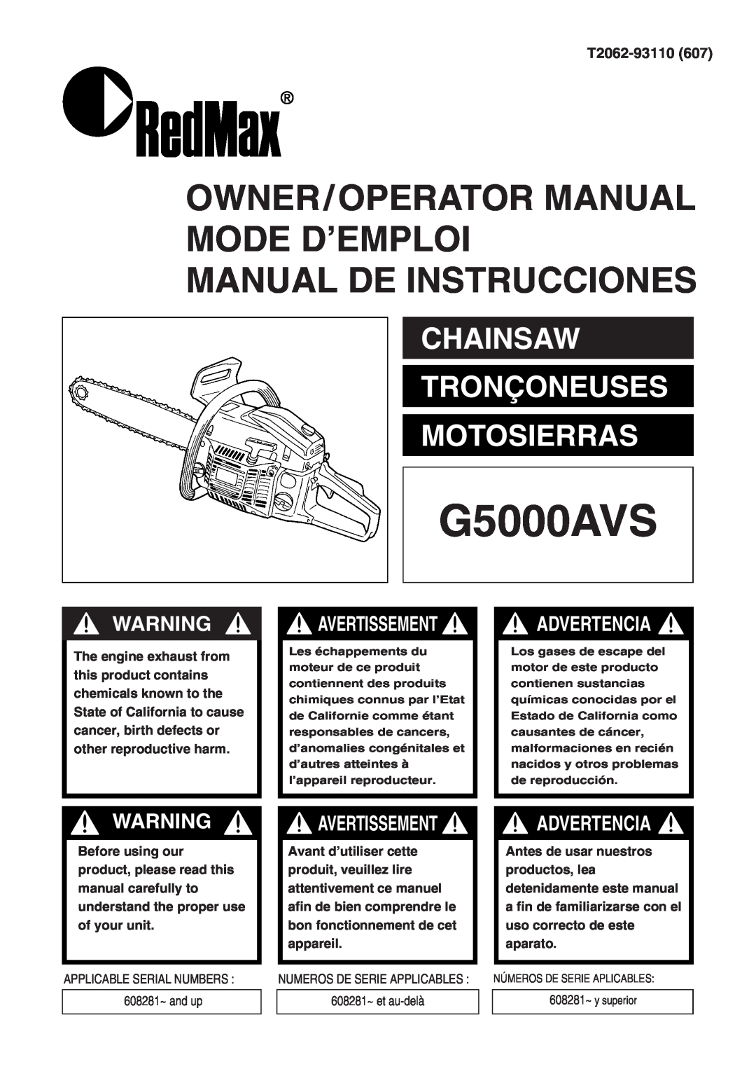 RedMax G5000AVS manual Owner/Operator Manual Mode D’Emploi Manual De Instrucciones, Chainsaw Tronçoneuses Motosierras 