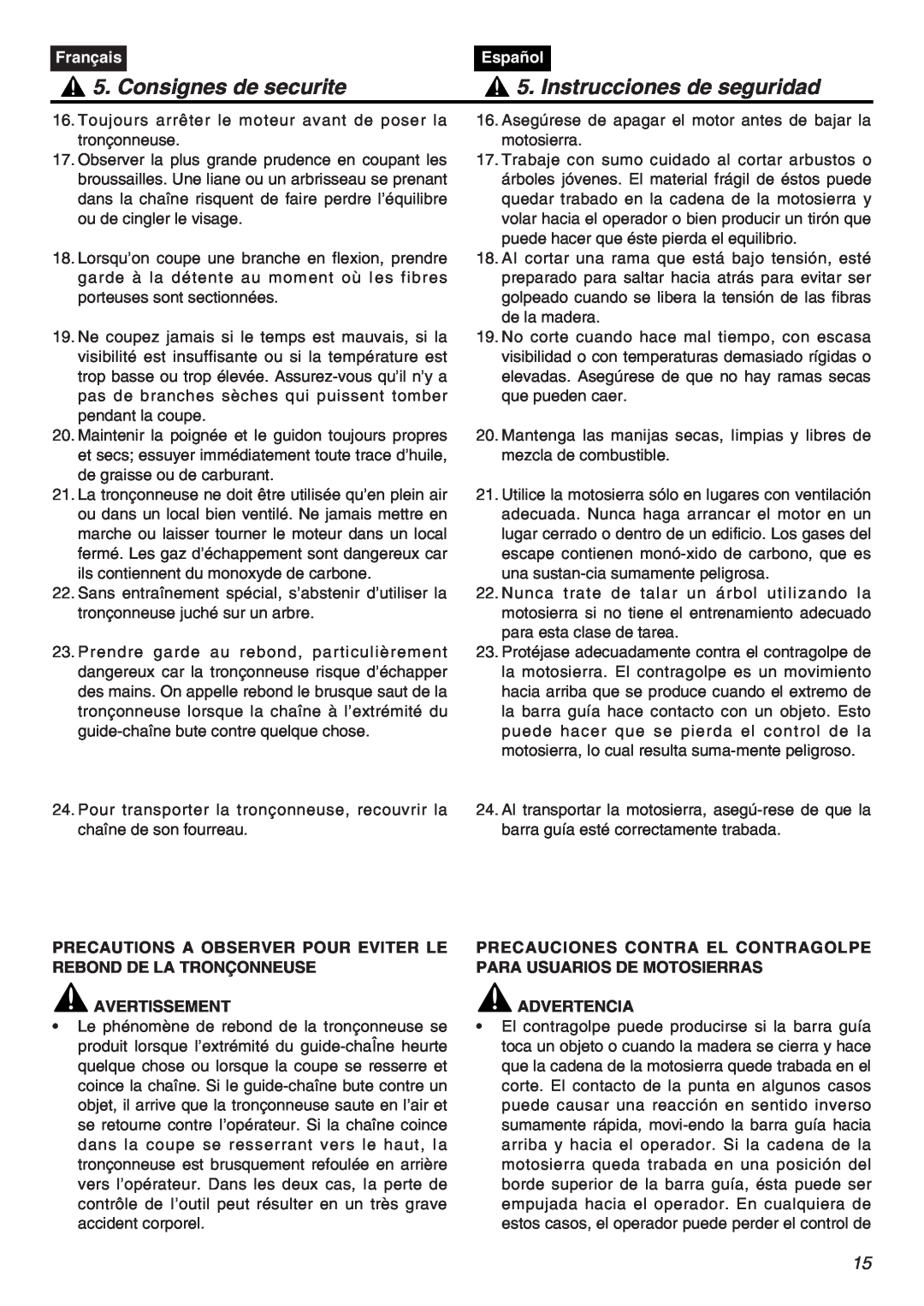 RedMax G5000AVS manual Consignes de securite, Instrucciones de seguridad, Français, Español, Avertissement, Advertencia 