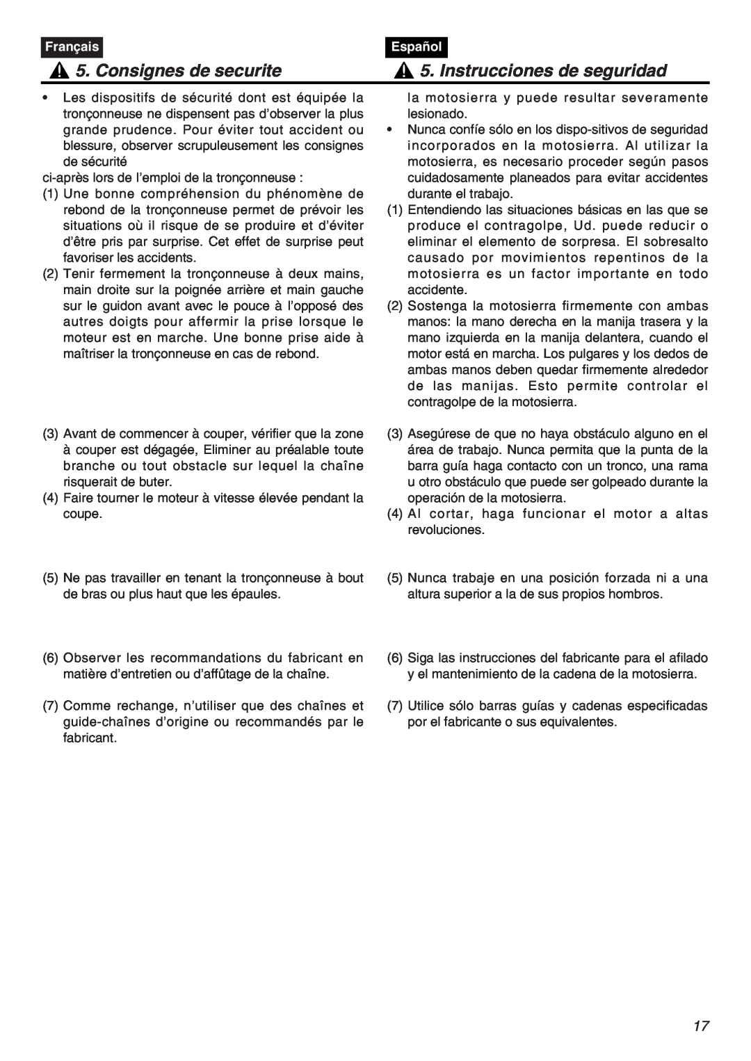 RedMax G5000AVS manual Consignes de securite, Instrucciones de seguridad, Français, Español 