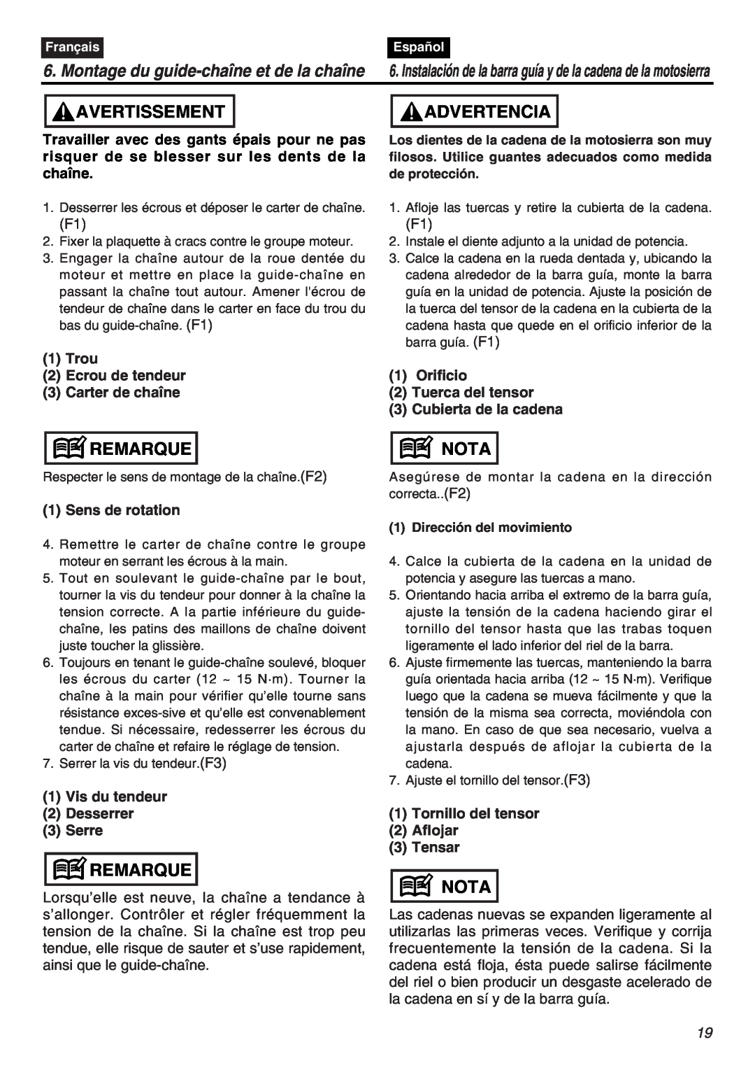 RedMax G5000AVS manual Montage du guide-chaîne et de la chaîne, Avertissement, Advertencia, Remarque, Nota 