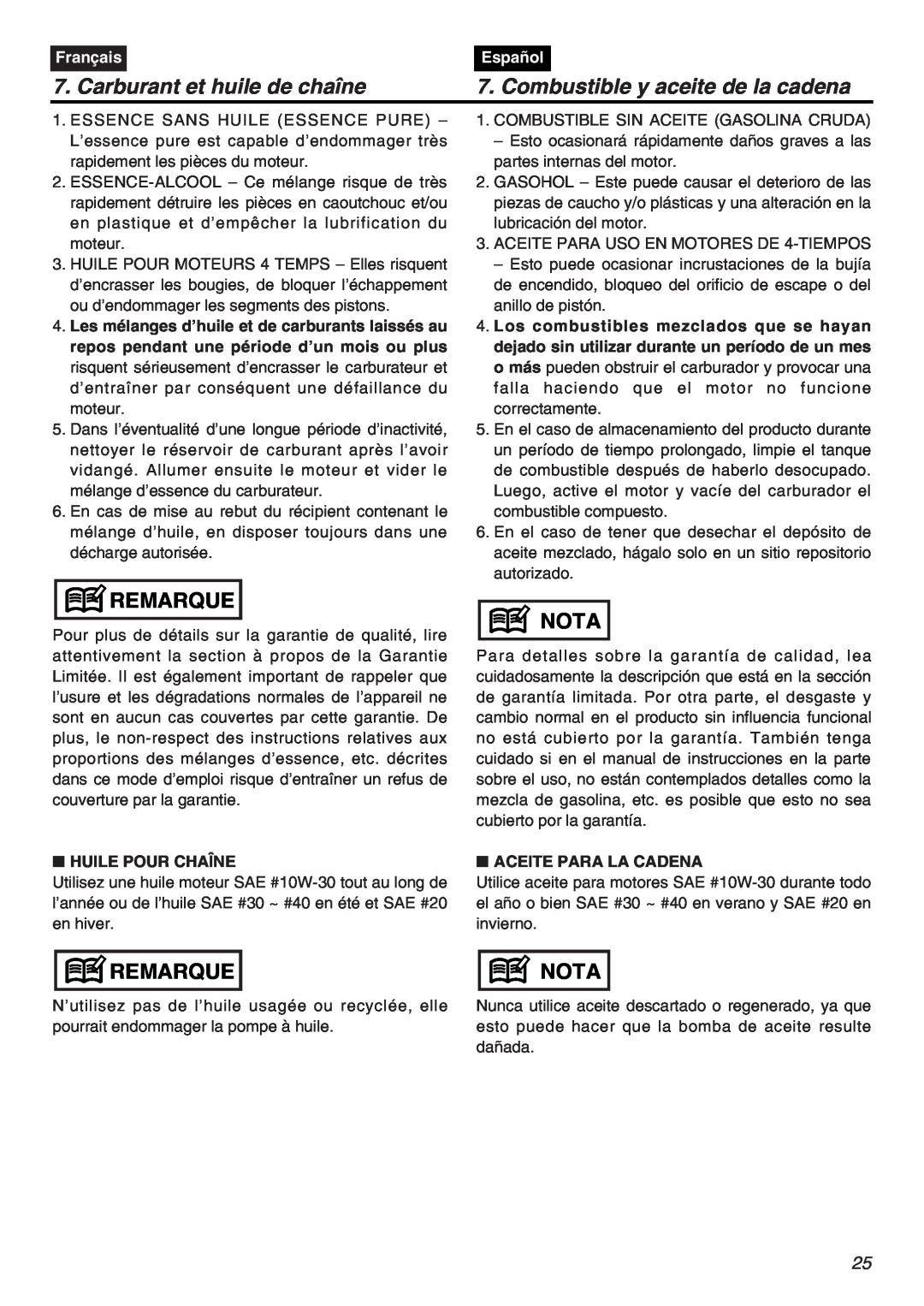 RedMax G5000AVS manual Carburant et huile de chaîne, Combustible y aceite de la cadena, Remarque, Nota, Français, Español 