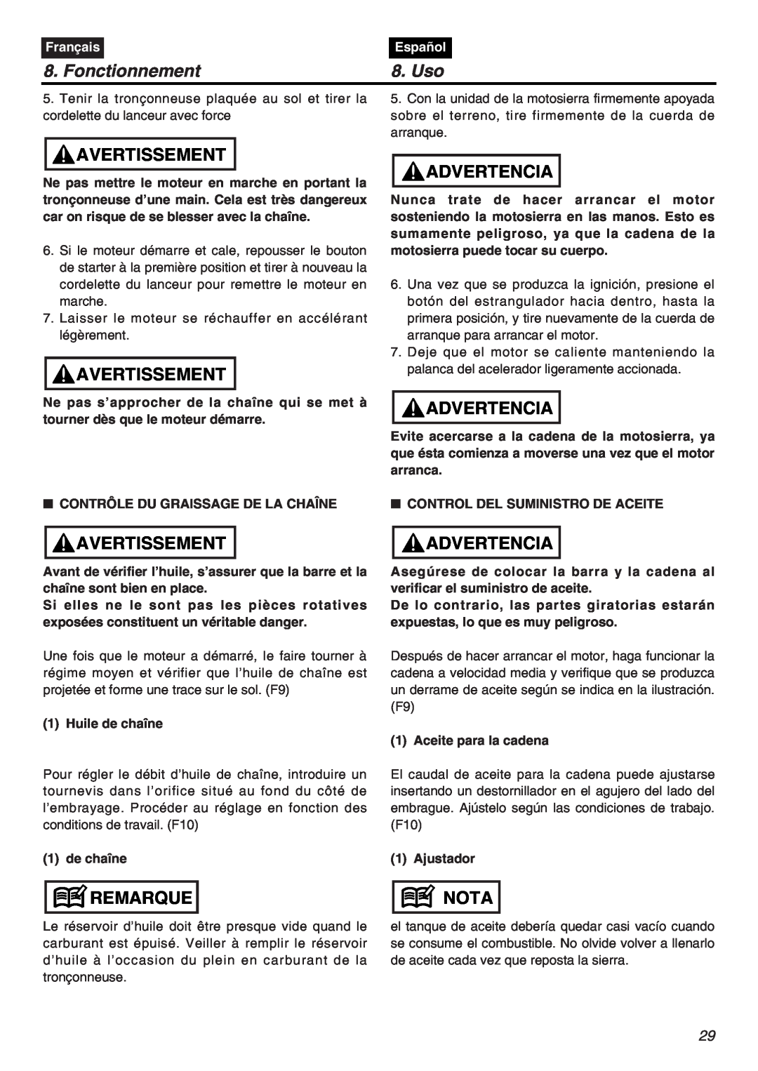 RedMax G5000AVS manual Fonctionnement, Uso, Avertissement, Advertencia, Remarque, Nota, Français, Español 