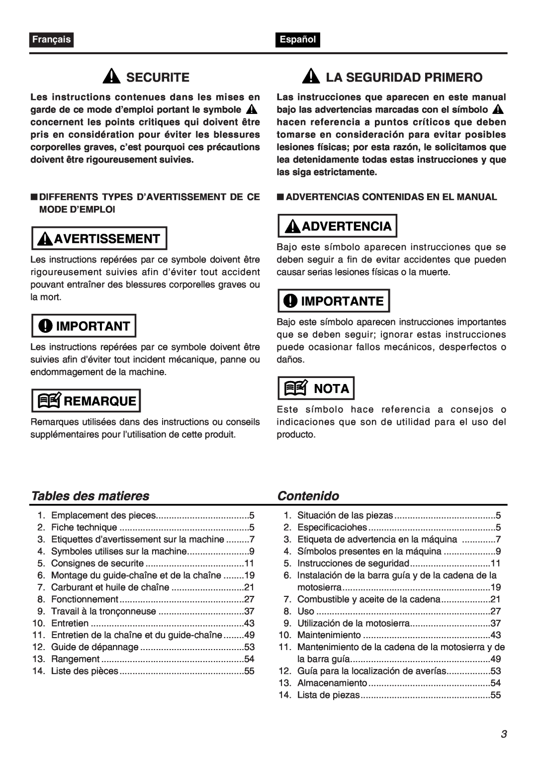 RedMax G5000AVS manual Securite, Avertissement, Remarque, Advertencia, Importante, Nota, Tables des matieres, Contenido 