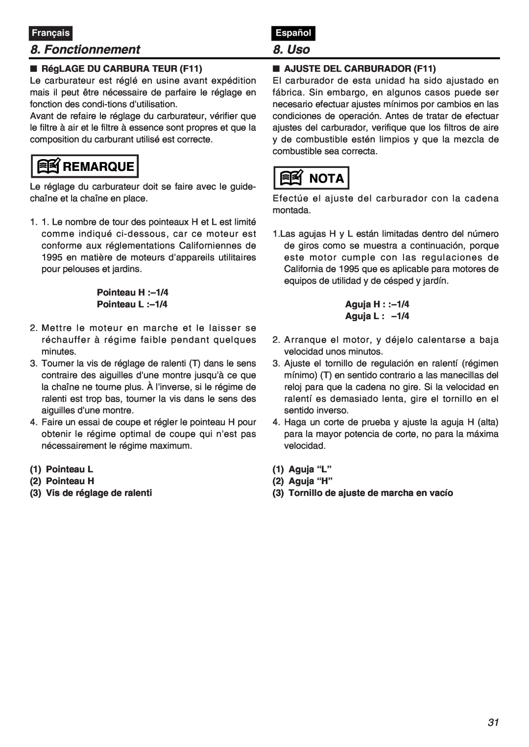 RedMax G5000AVS manual Fonctionnement, Uso, Remarque, Nota, Français, Español, RégLAGE DU CARBURA TEUR F11 