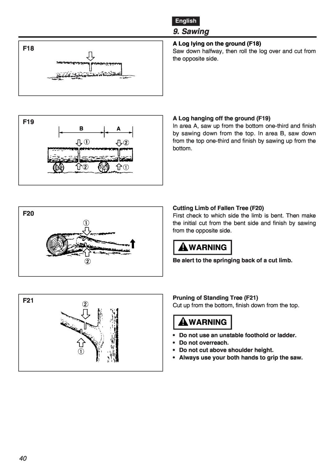 RedMax G5000AVS manual Sawing, F18 F19 F20 F21, English 