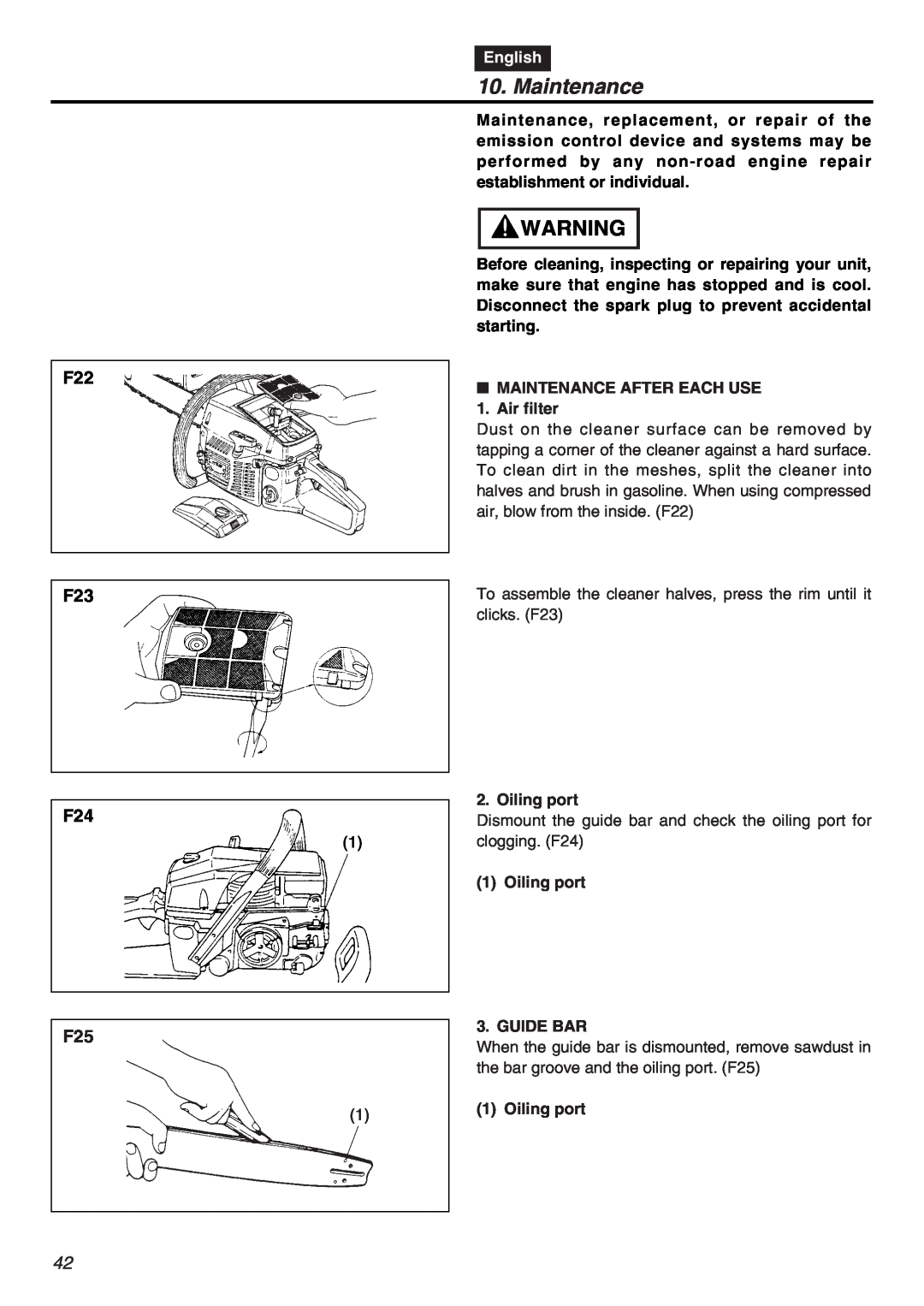 RedMax G5000AVS manual Maintenance, F22 F23 F24 F25, English 