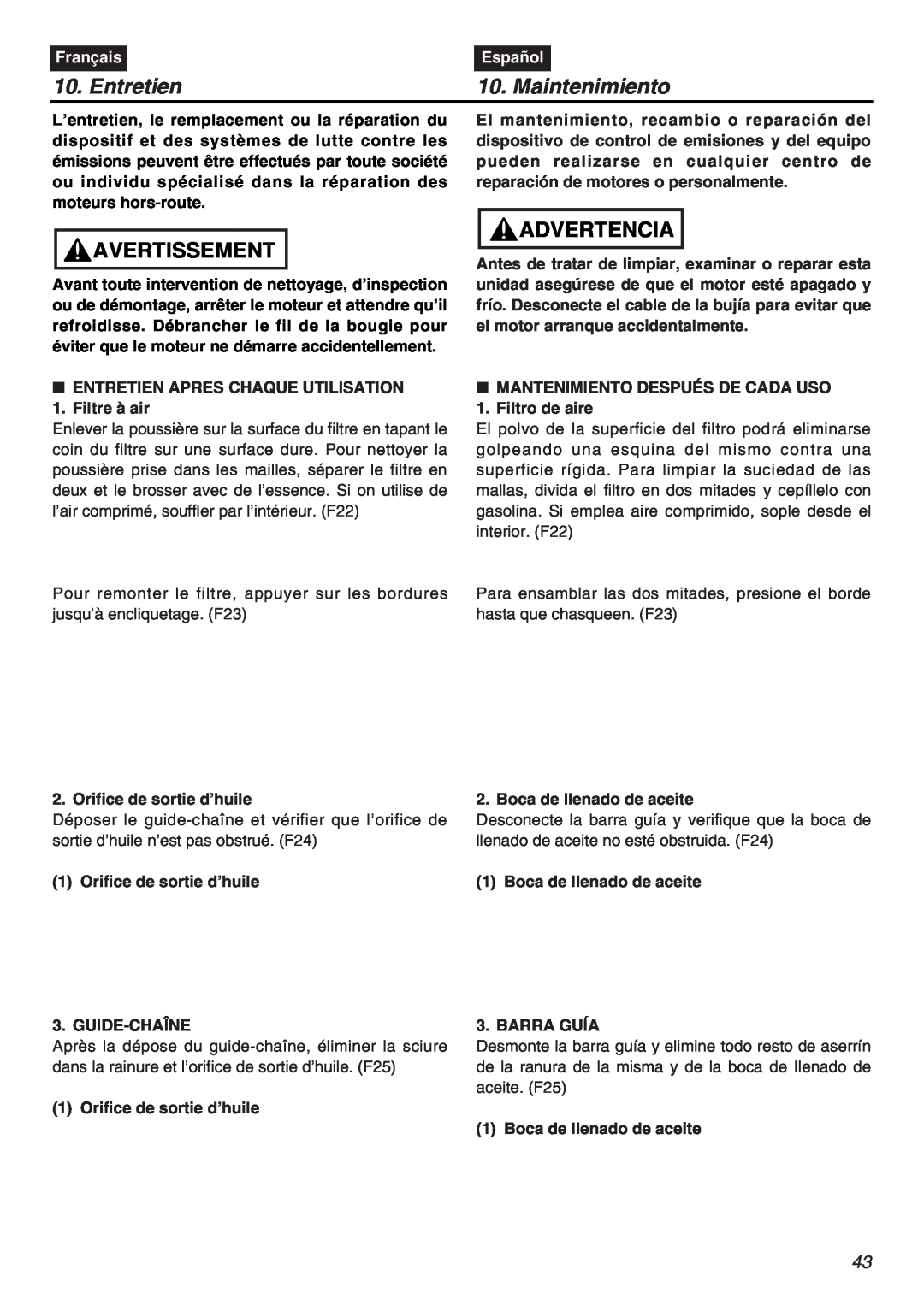 RedMax G5000AVS manual Entretien, Maintenimiento, Avertissement, Advertencia, Français, Español 
