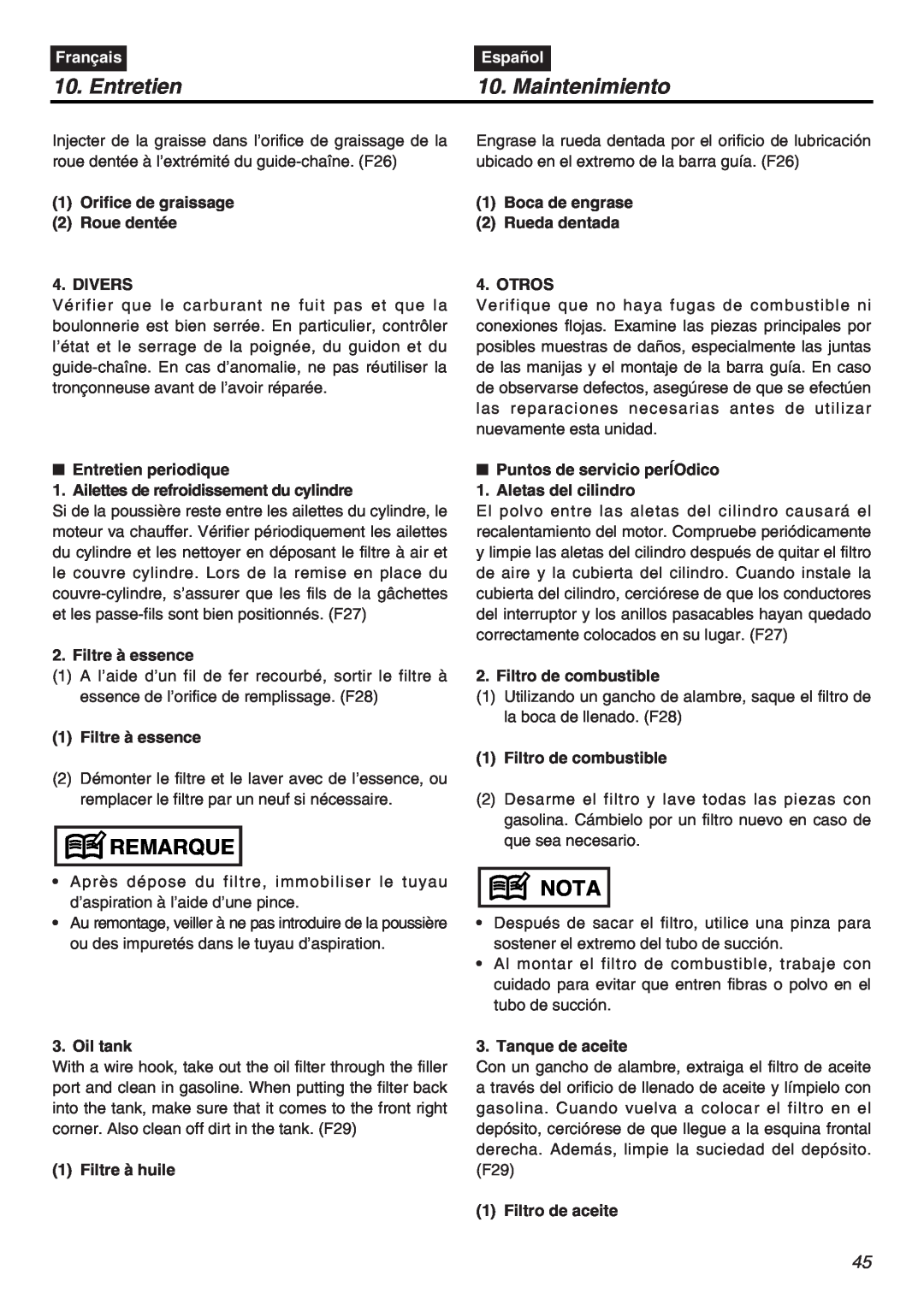RedMax G5000AVS manual Entretien, Maintenimiento, Remarque, Nota, Français, Español 
