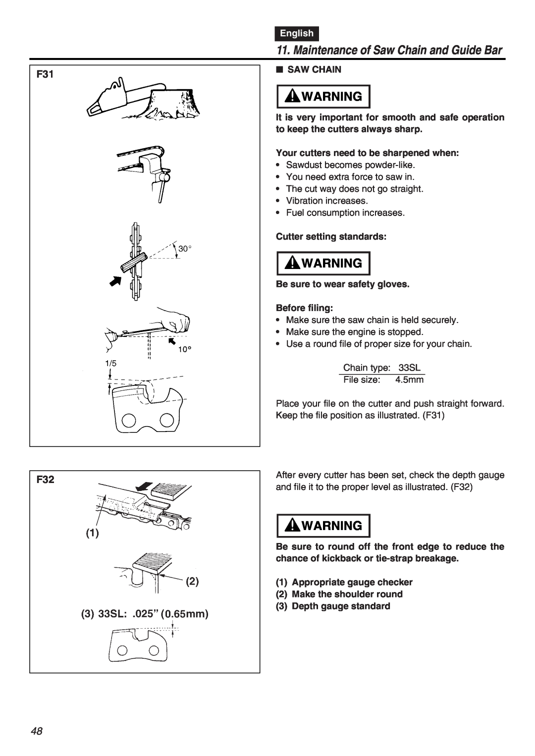 RedMax G5000AVS manual Maintenance of Saw Chain and Guide Bar, F31 F32, English 