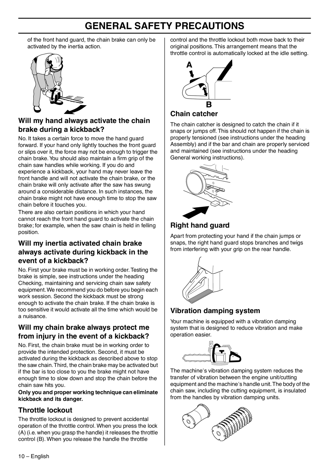 RedMax G5300 manual Throttle lockout, Chain catcher, Right hand guard, Vibration damping system 