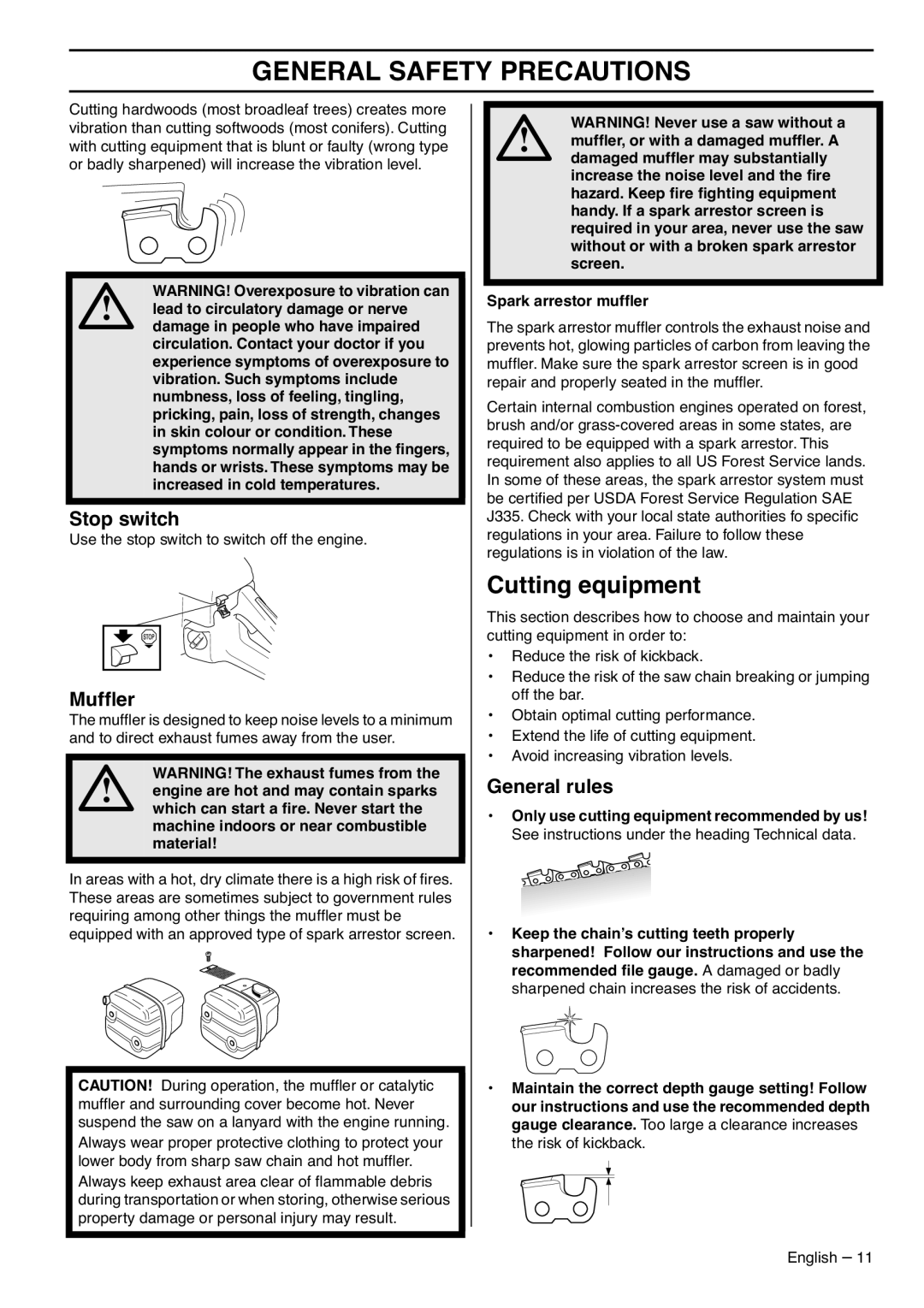 RedMax G5300 manual Cutting equipment, Stop switch, Mufﬂer, General rules 