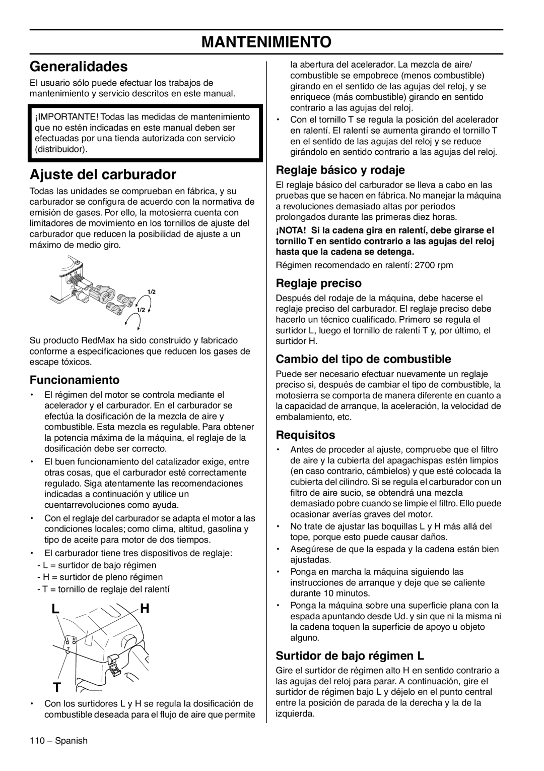 RedMax G5300 manual Mantenimiento, Generalidades, Ajuste del carburador 