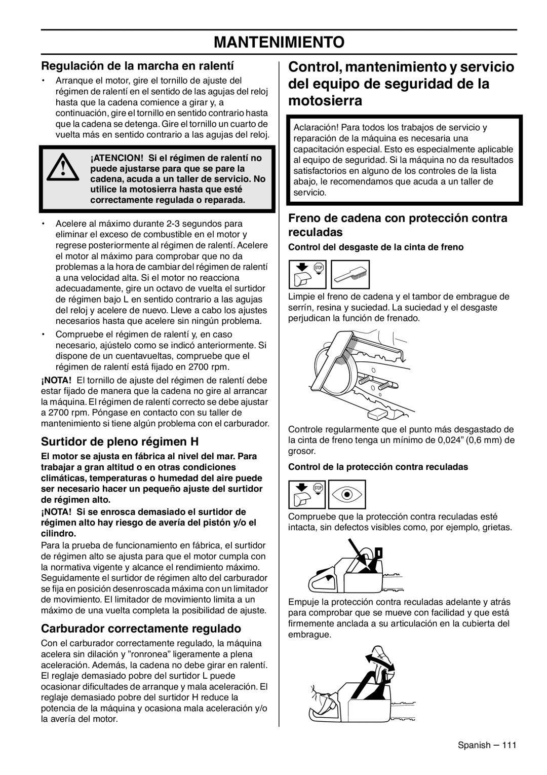 RedMax G5300 manual Regulación de la marcha en ralentí, Surtidor de pleno régimen H, Carburador correctamente regulado 