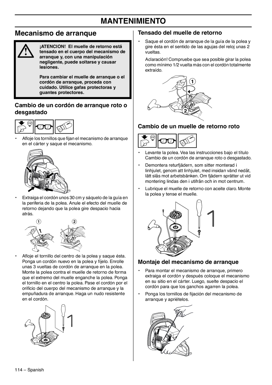 RedMax G5300 manual Mecanismo de arranque, Cambio de un cordón de arranque roto o desgastado, Tensado del muelle de retorno 