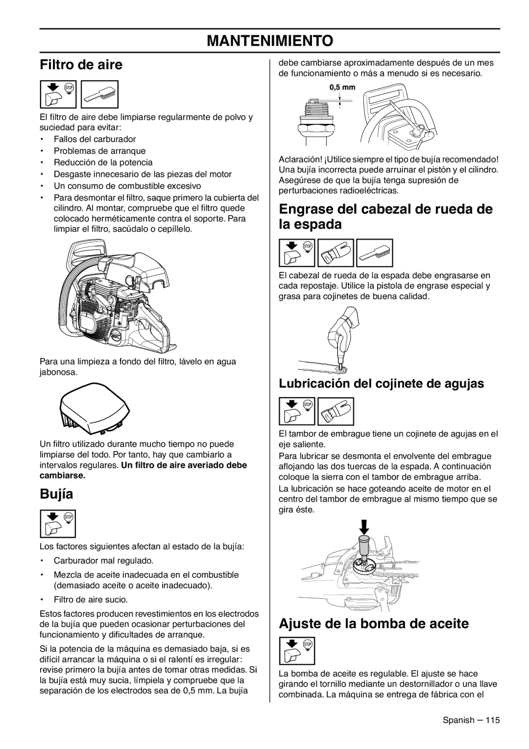 RedMax G5300 Filtro de aire, Bujía, Engrase del cabezal de rueda de la espada, Ajuste de la bomba de aceite, Cambiarse 