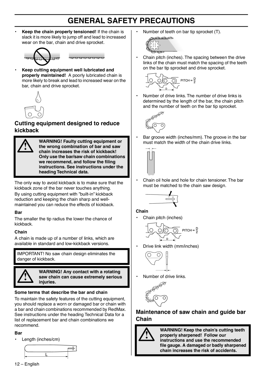 RedMax G5300 manual Cutting equipment designed to reduce kickback, Maintenance of saw chain and guide bar Chain, Bar 