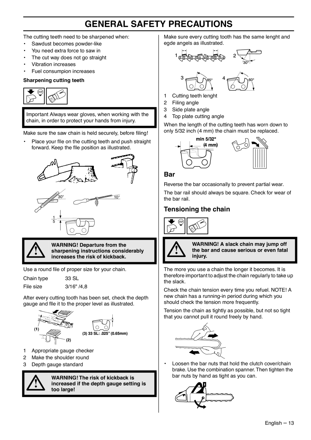 RedMax G5300 manual Bar, Tensioning the chain 