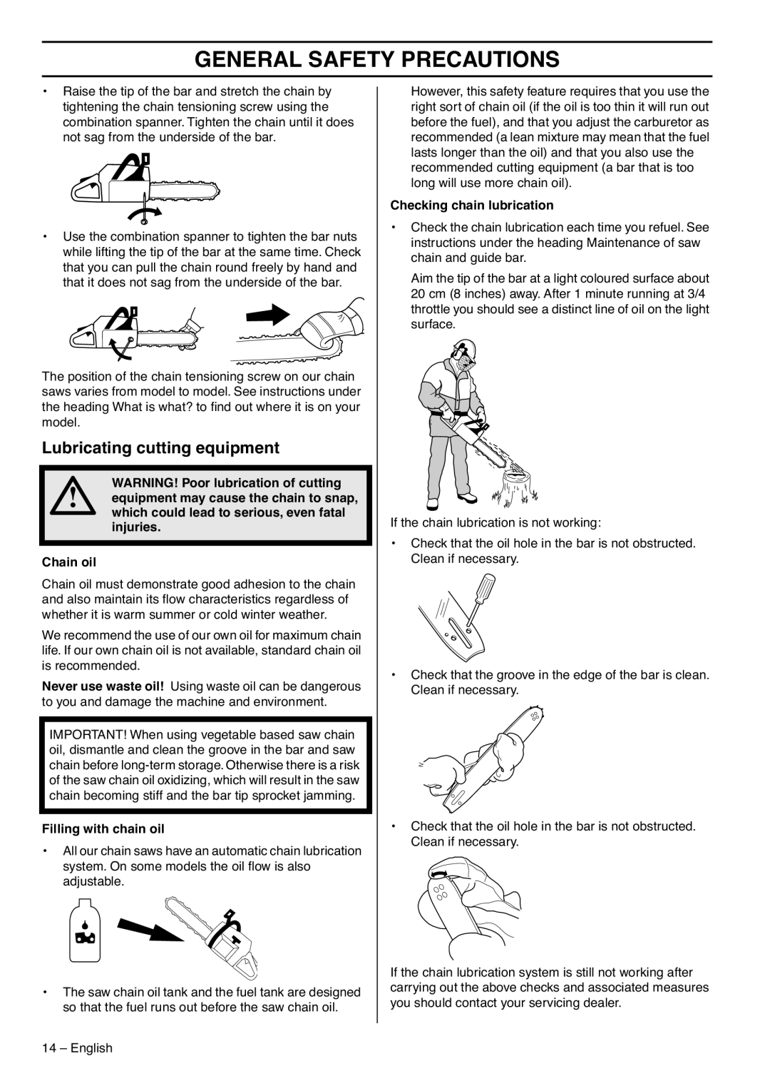 RedMax G5300 manual Lubricating cutting equipment, Which could lead to serious, even fatal injuries Chain oil 