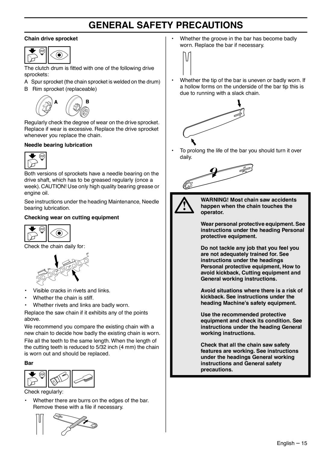 RedMax G5300 manual Chain drive sprocket, Needle bearing lubrication, Checking wear on cutting equipment 