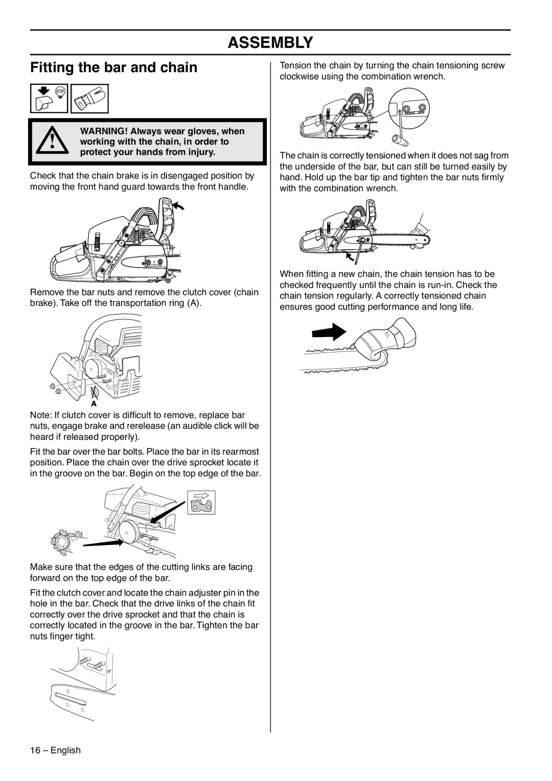 RedMax G5300 manual Assembly, Fitting the bar and chain, Protect your hands from injury 