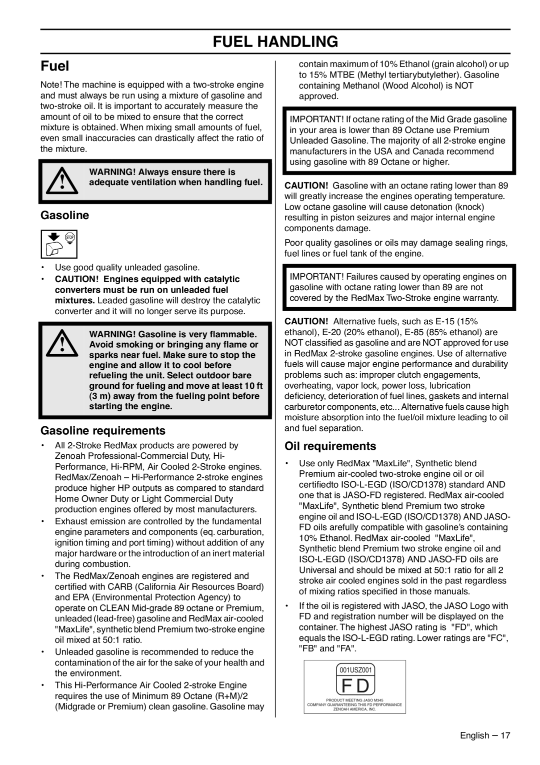 RedMax G5300 manual Fuel Handling, Gasoline requirements, Oil requirements 