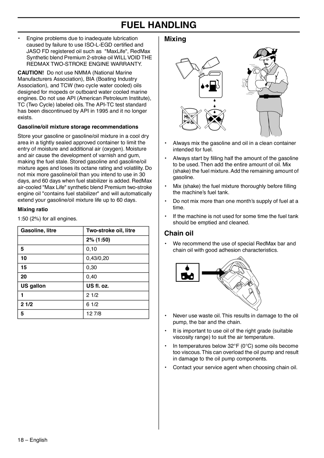 RedMax G5300 manual Chain oil, Gasoline/oil mixture storage recommendations, Mixing ratio 